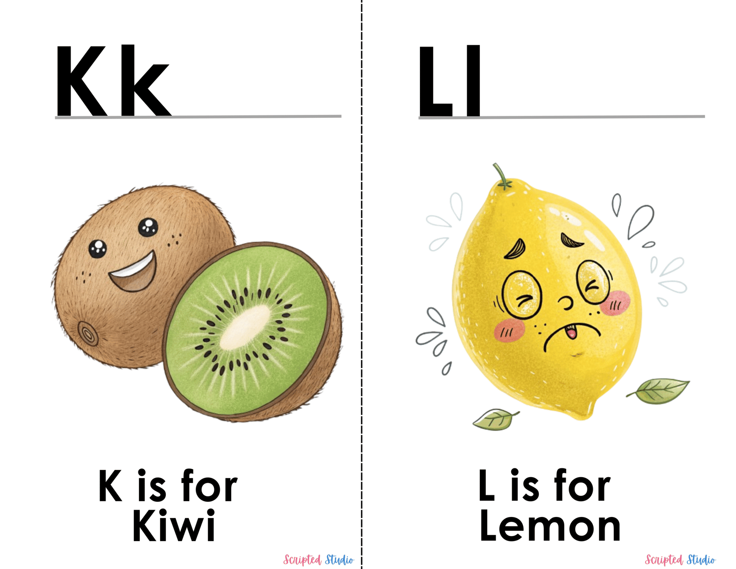 (ABC Watercolor Uppercase and lowercase two flashcards, K is for a kiwi  with a smiling face, L is for lemon with a sour face)