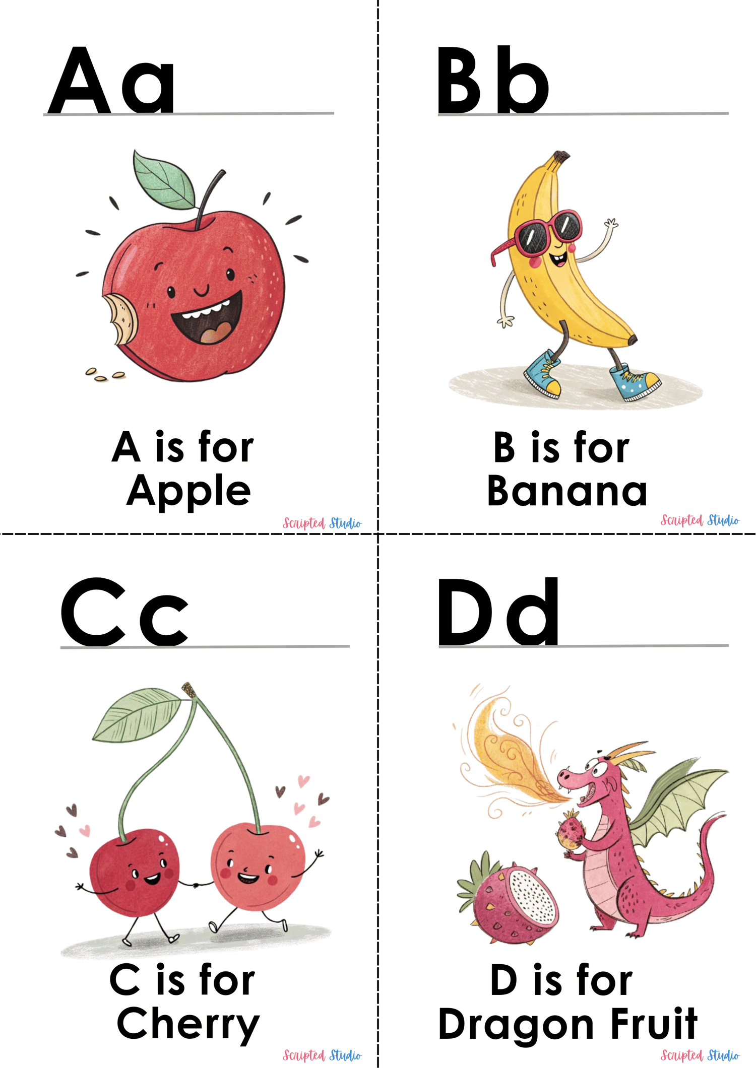 (ABC Doodle Fruit Uppercase and lowercase four flashcards A is for an apple smiling, B is for a banana C is for a cherry,  D is for a dragon fruit,