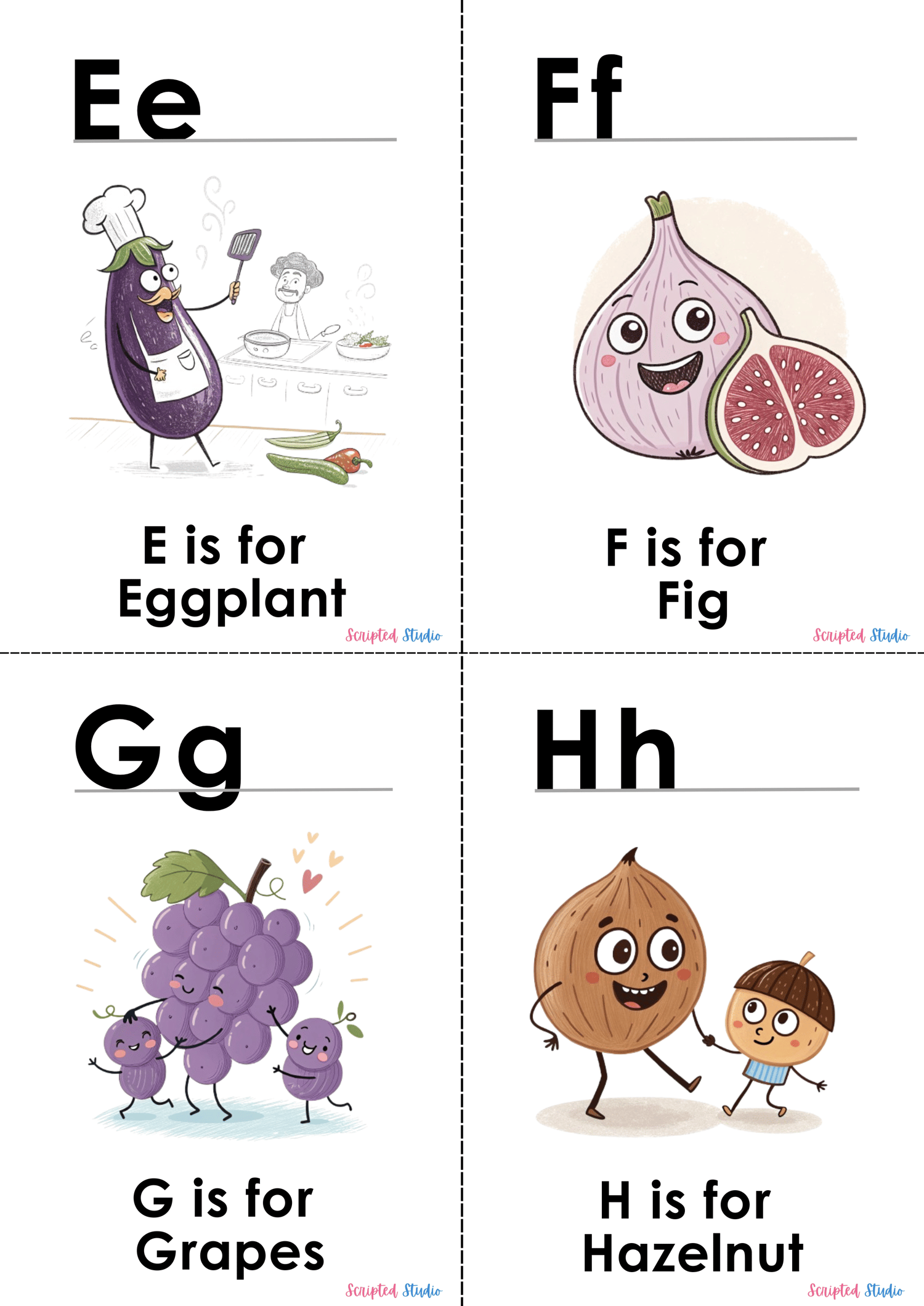 (ABC doodle  Uppercase and lowercase four flashcards E is for eggplant, F is for fig, G is for grapes, H is for a hazelnut,