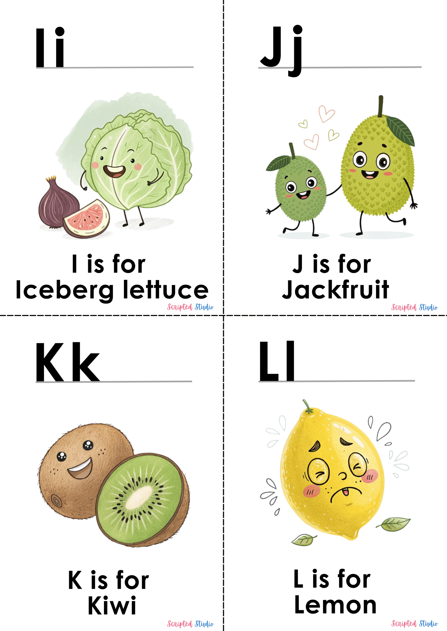 (ABC doodle Uppercase and lowercase four flashcards, I is for iceberg lettuce, J is for a jake fruit,  K is for a kiwi  with a smiling face, L is for lemon with a sour face)