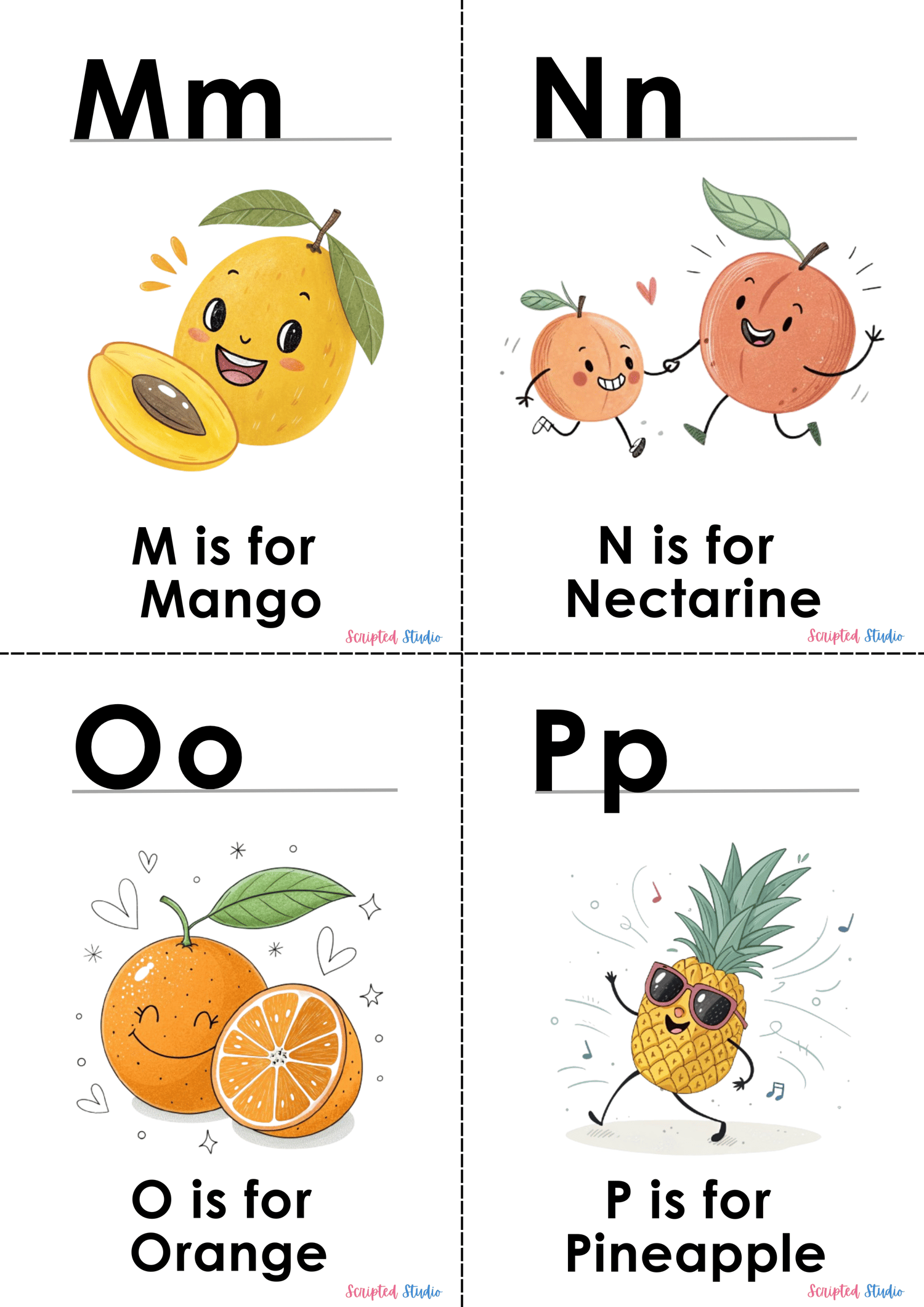 (ABC doodle Uppercase and lowercase four flashcards, M is for mango, N is for nectarine, O is for orange, and P is for Pineapple)