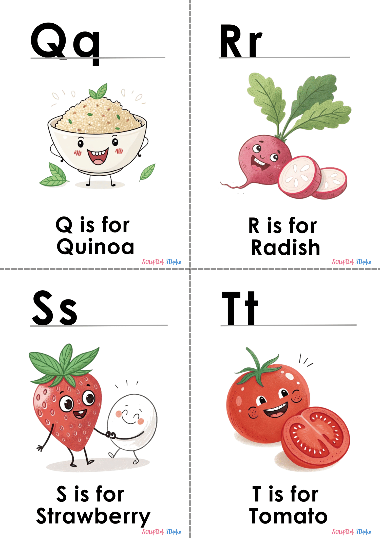(ABC Doodle Uppercase and lowercase four flashcards, Q is for quinoa, R is for radish, S is for strawberry, and T is for tomato)