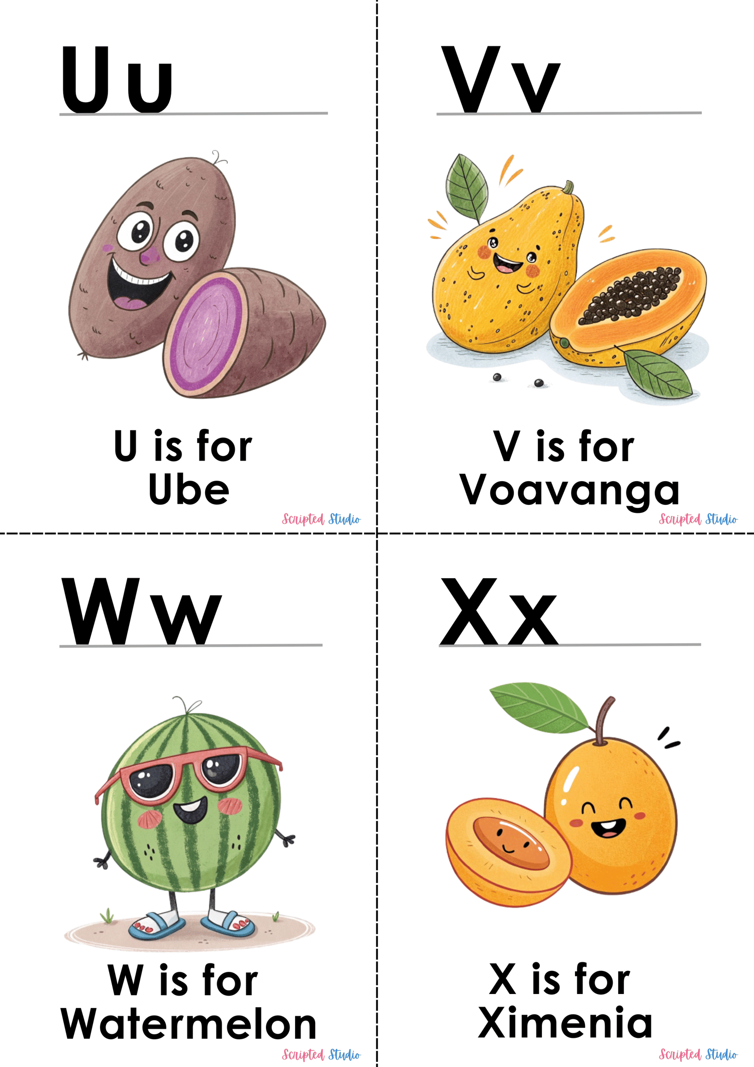 (ABC  Doodle Uppercase and lowercase four flashcards, u is for ube, V is for voavanga fruit, W is for watermelon, and X is for ximenia)