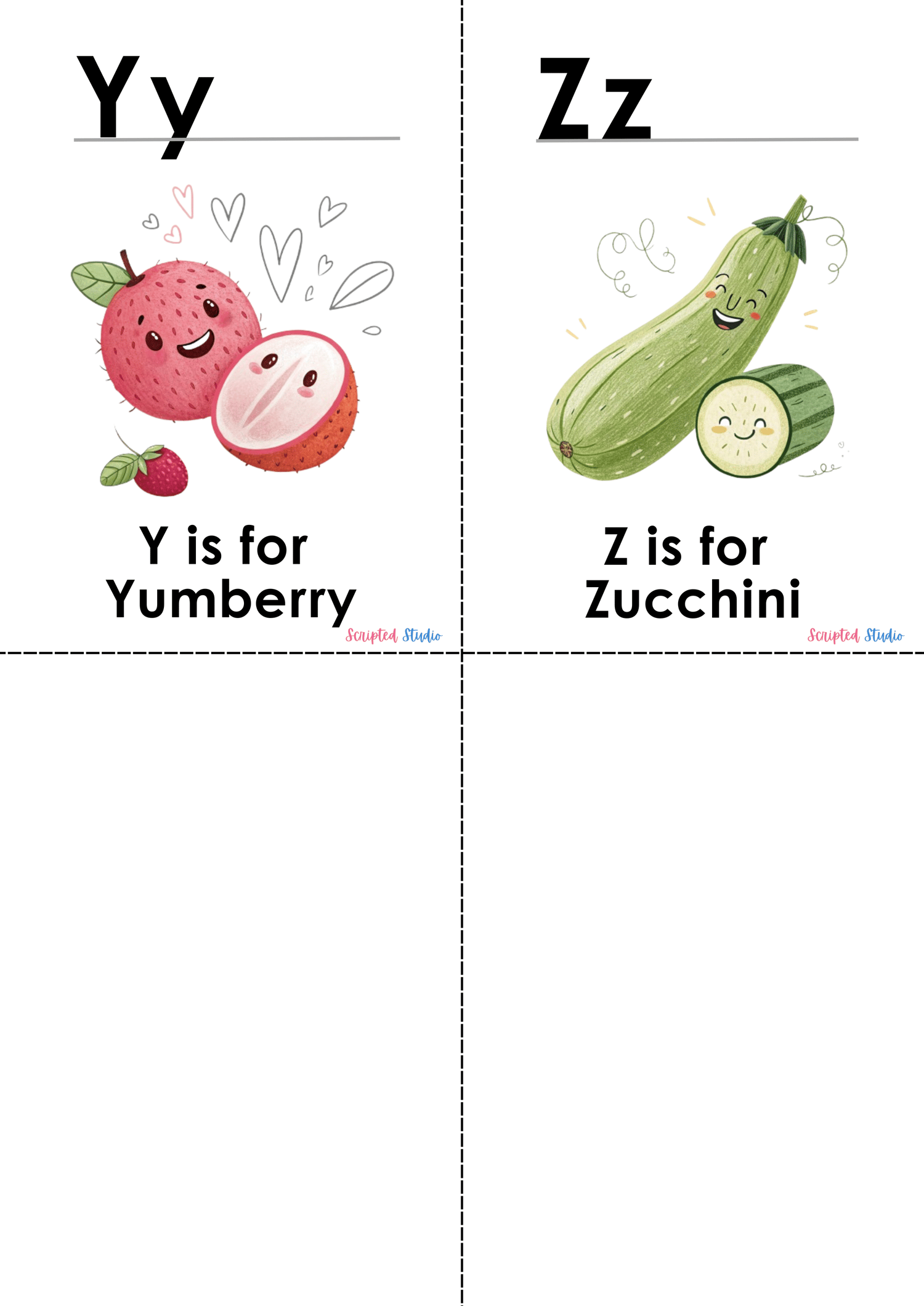 (ABC doodle Uppercase and lowercase four flashcards, Y is for yumberry, Z is for zucchini,