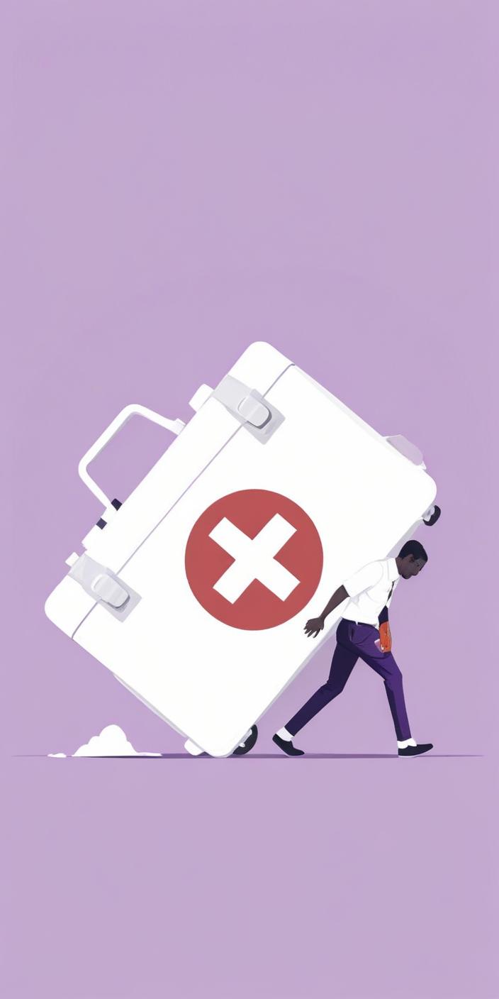 Un préparateur mental, portant une trousse de premiers secours géante, vêtu d'une chemise blanche et d'un pantalon sombre sur un fond violet uni symbolisant la garantie de secours du diagnostic mindset 30 minutes