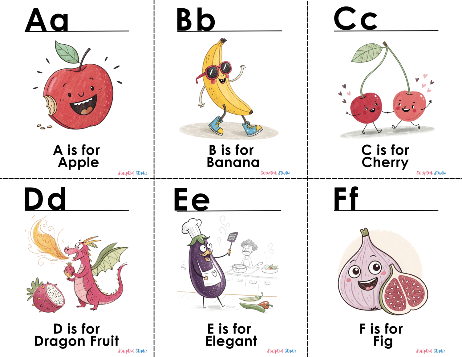 (ABC Doodle Fruit Uppercase and lowercase four flashcards A is for an apple smiling, B is for a banana C is for a cherry,  D is for a dragon fruit, E is for eggplant, F is for fig.