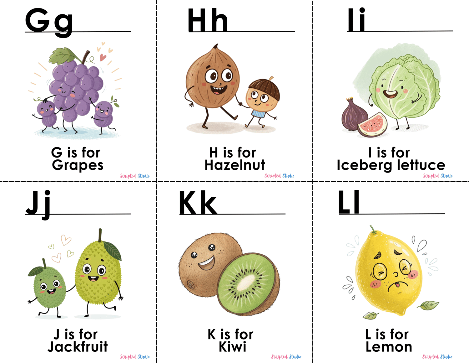 ABC doodle Uppercase and lowercase two flashcards , G is for grapes, H is for a hazelnut, I is for iceberg lettuce, J is for a jake fruit,  K is for a kiwi  with a smiling face, L is for lemon with a sour face)
