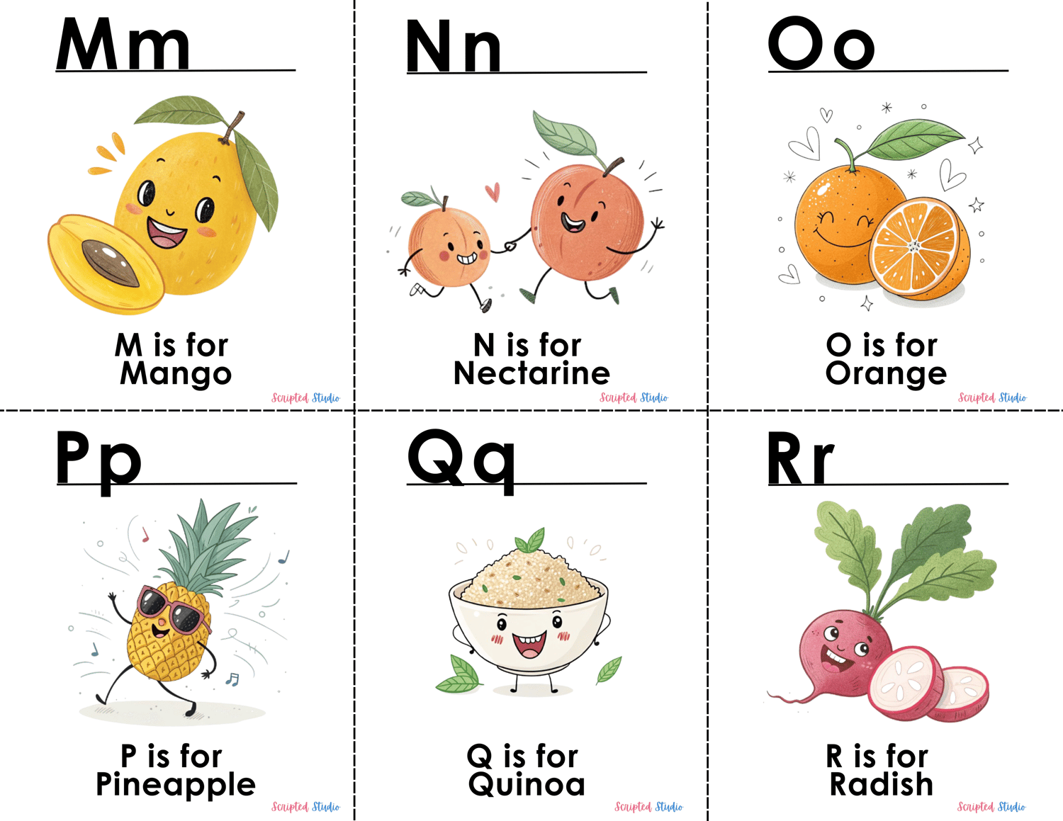 (ABC doodle Uppercase and lowercase six flashcards, M is for mango, N is for nectarine, O is for orange, and P is for Pineapple)Q is for quinoa, R is for radish,