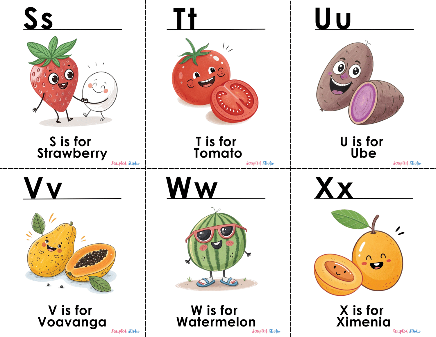 (ABC doodle Uppercase and lowercase six flashcards,  S is for strawberry, T is for tomato, u is for ube, V is for voavanga fruit, W is for watermelon, and X is for ximenia)