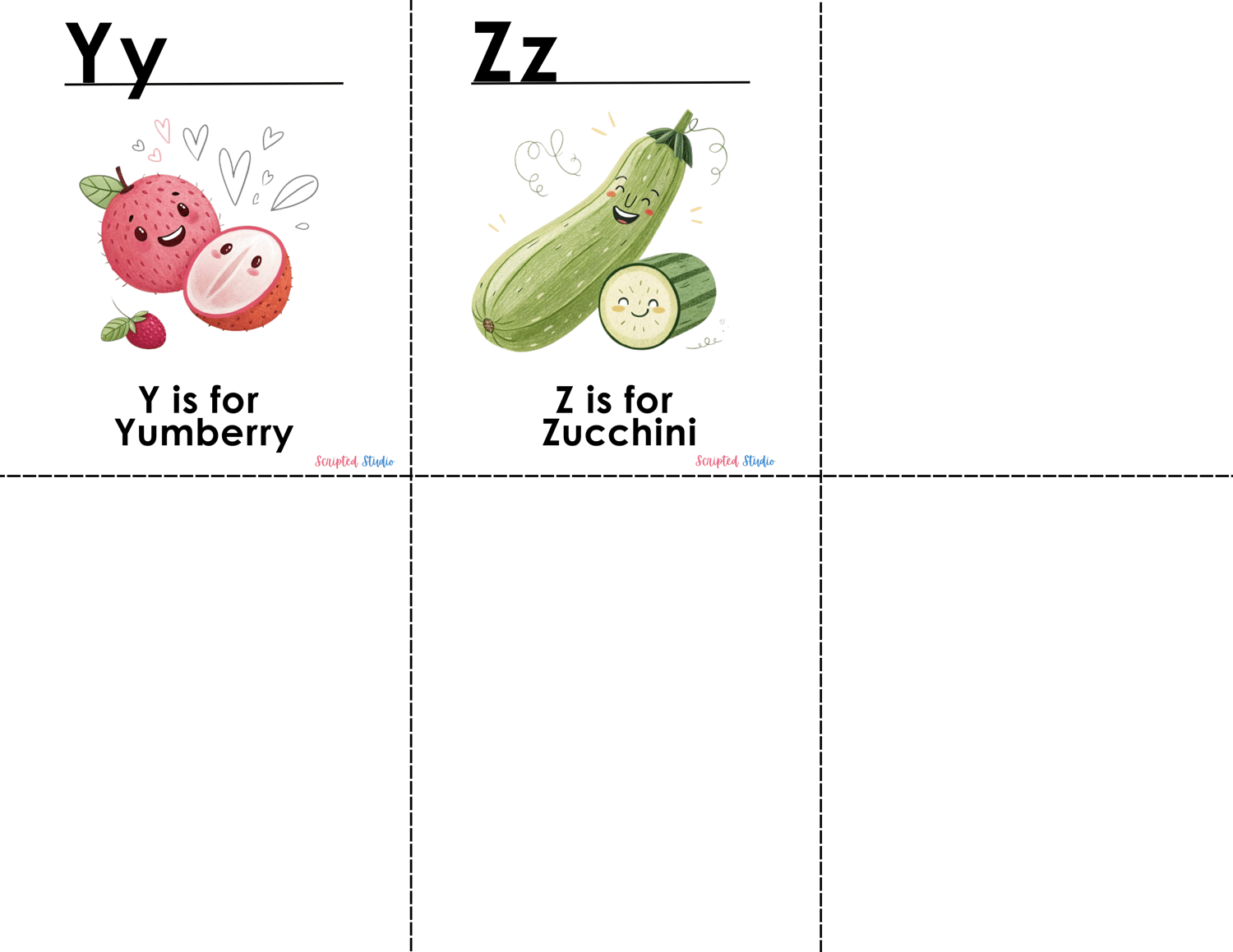 (ABC doodle Uppercase and lowercase six flashcards, Y is for yumberry, Z is for zucchini,
