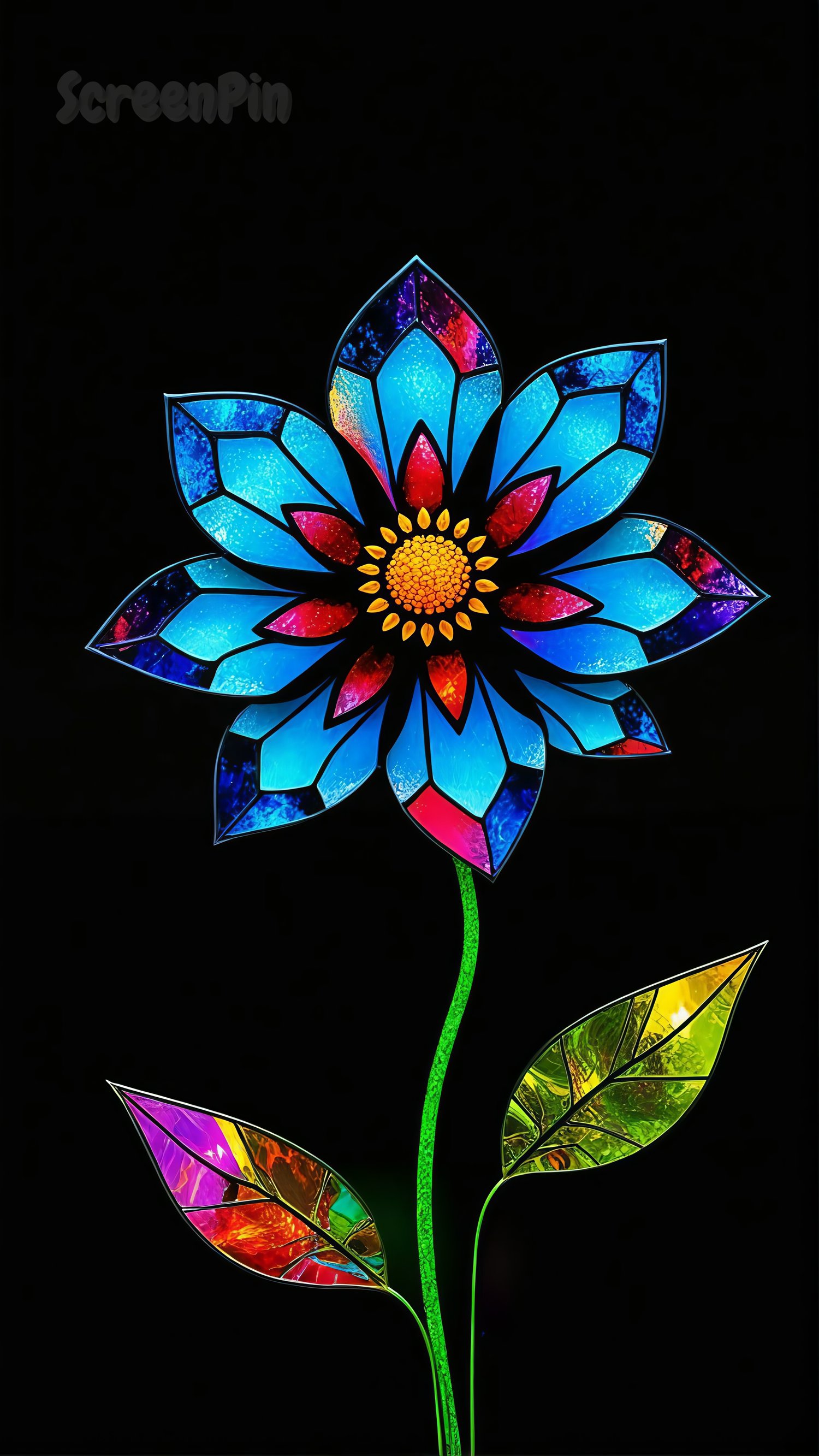 A stained glass-style flower with intricate details and vibrant colors on a black background.