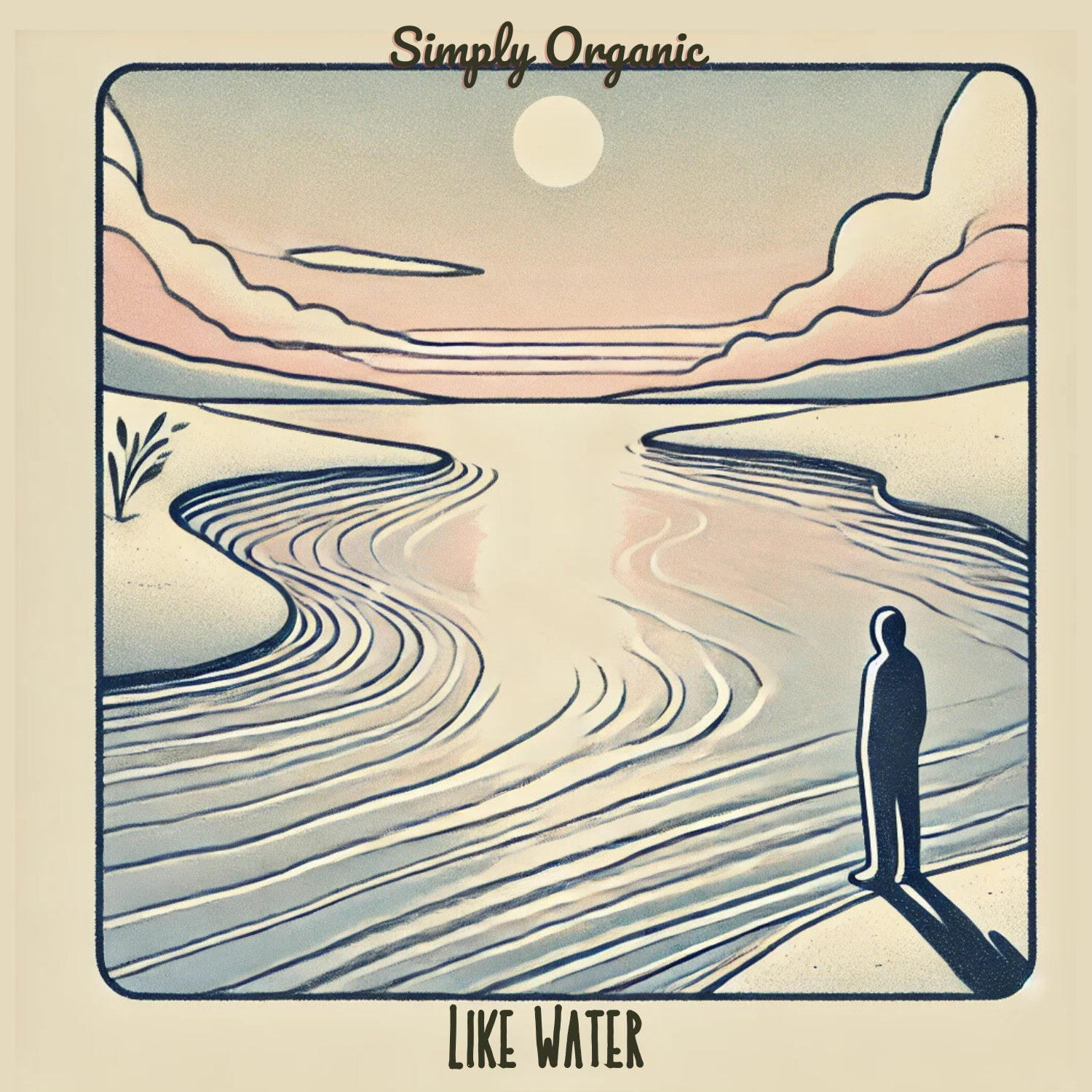 A solitary figure stands by a flowing river under a soft pastel sky, evoking tranquility and reflection.