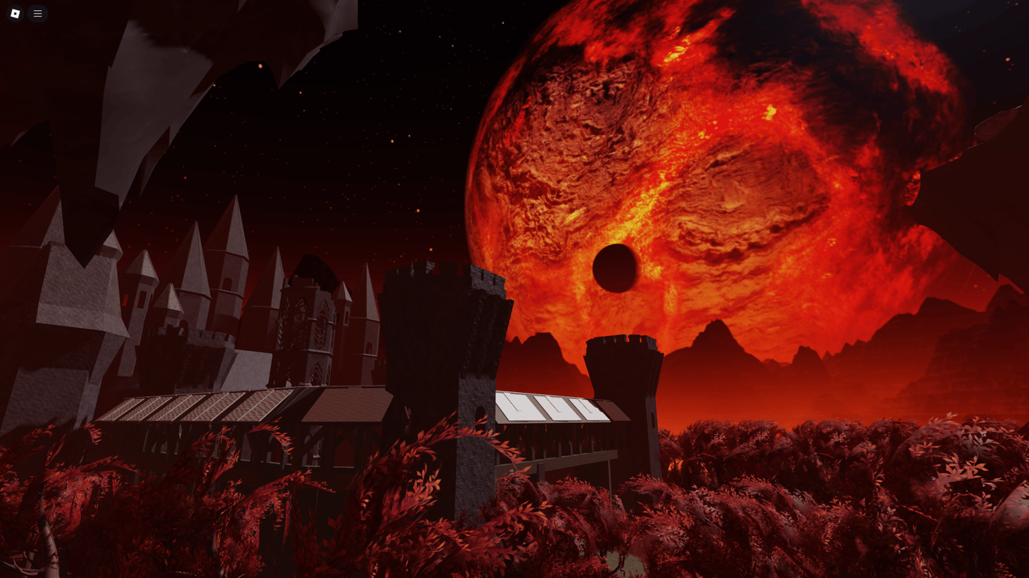 Aerial view of a Roblox map featuring fiery lava terrain and floating islands.
