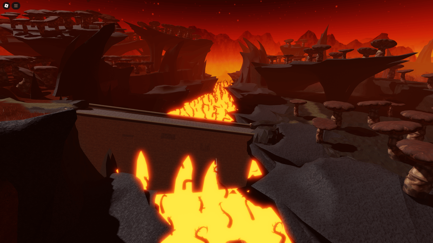Roblox character standing on a floating island surrounded by molten lava.