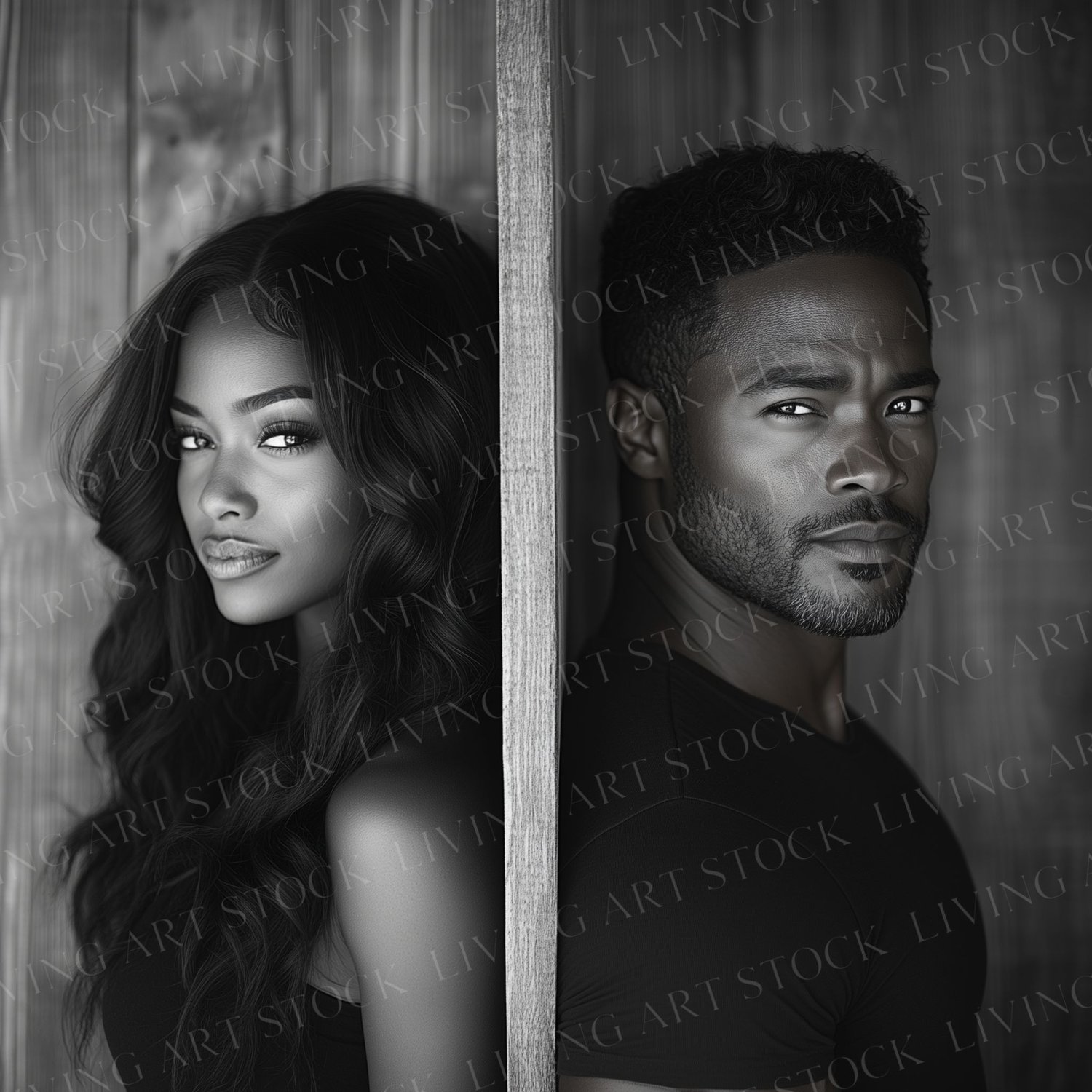 Black and white stock image featuring young black woman and older man with a wall in between them