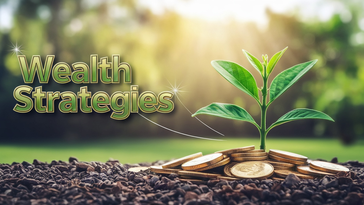Wealth Strategies to the lefrt of a plant growing out of gold coins