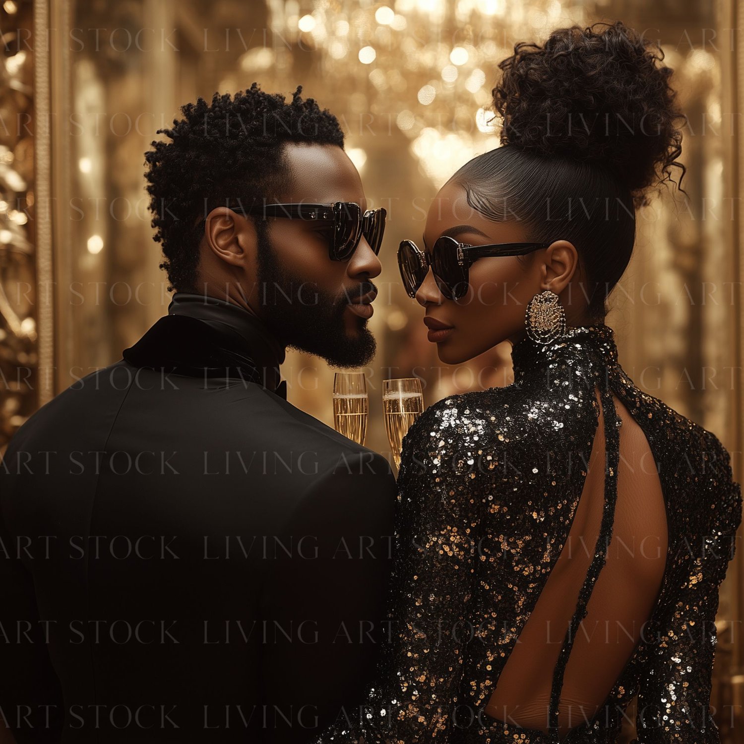 Black man and woman black tie event stock photo, champagne toast