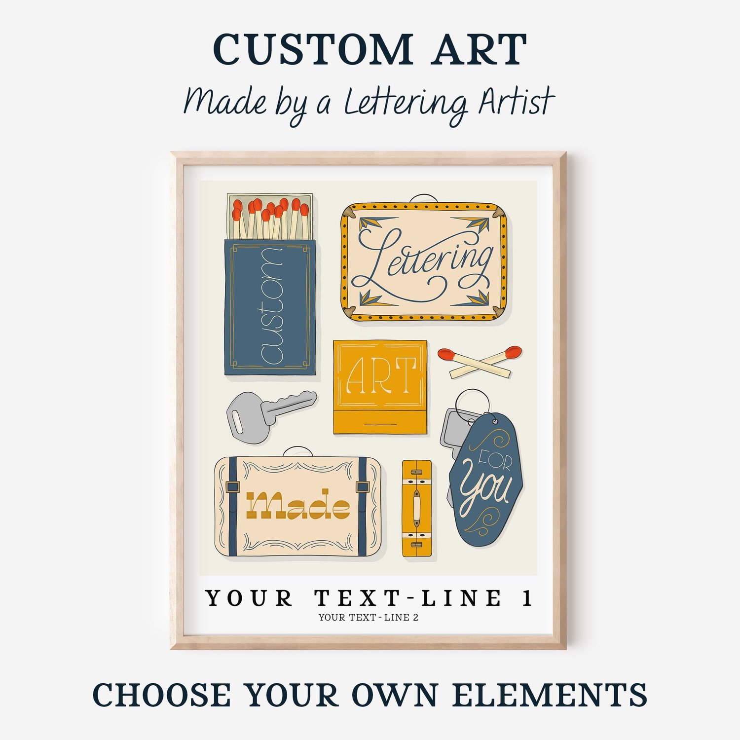 A framed picture of various matchboxes, suitcases and key fobs with text that reads “Custom Art Made by a Lettering Artist: Choose Your Own Elements”