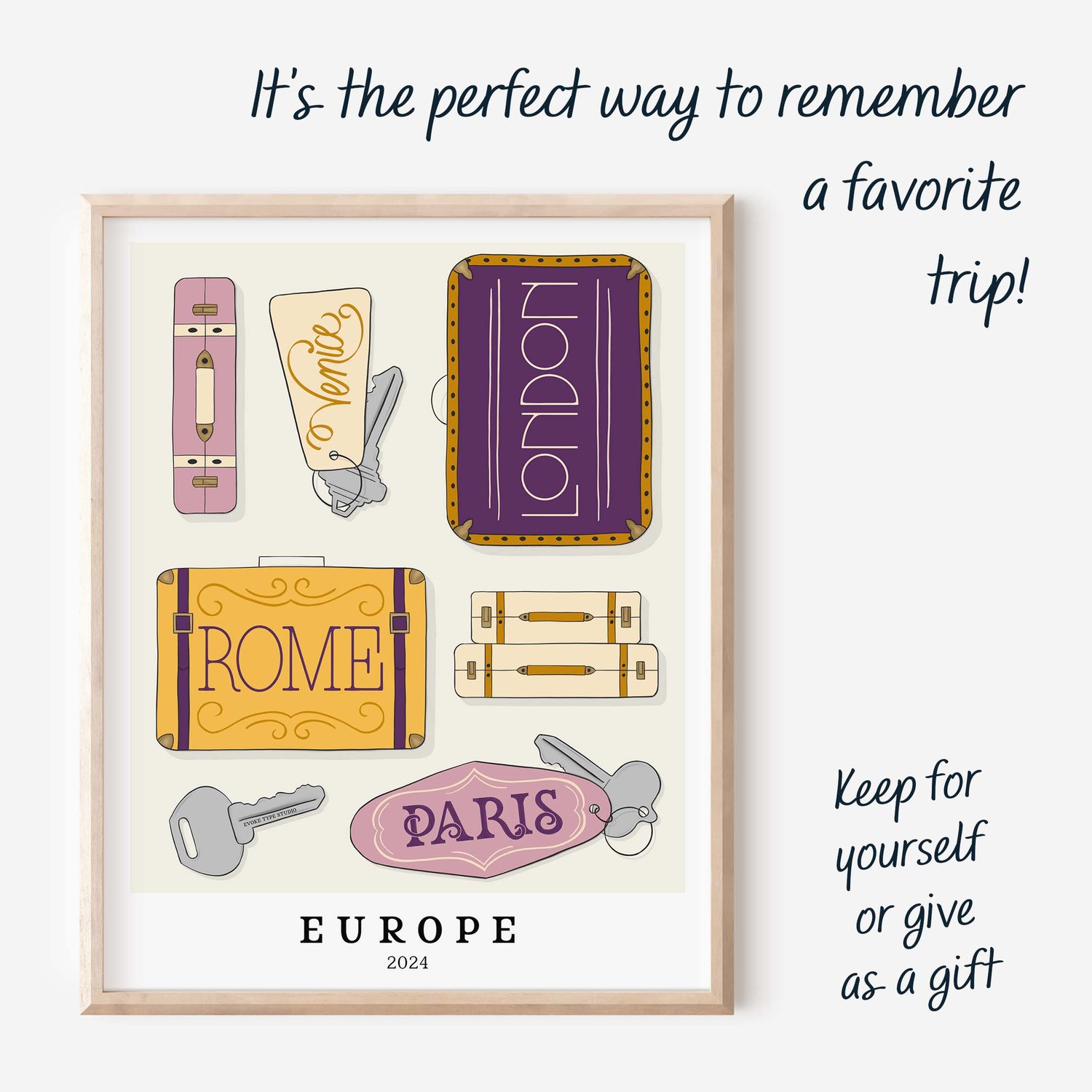 A picture of luggage and keys with text that reads: “It’s the perfect way to remember a favorite trip! Keep for yourself or give as a gift!”