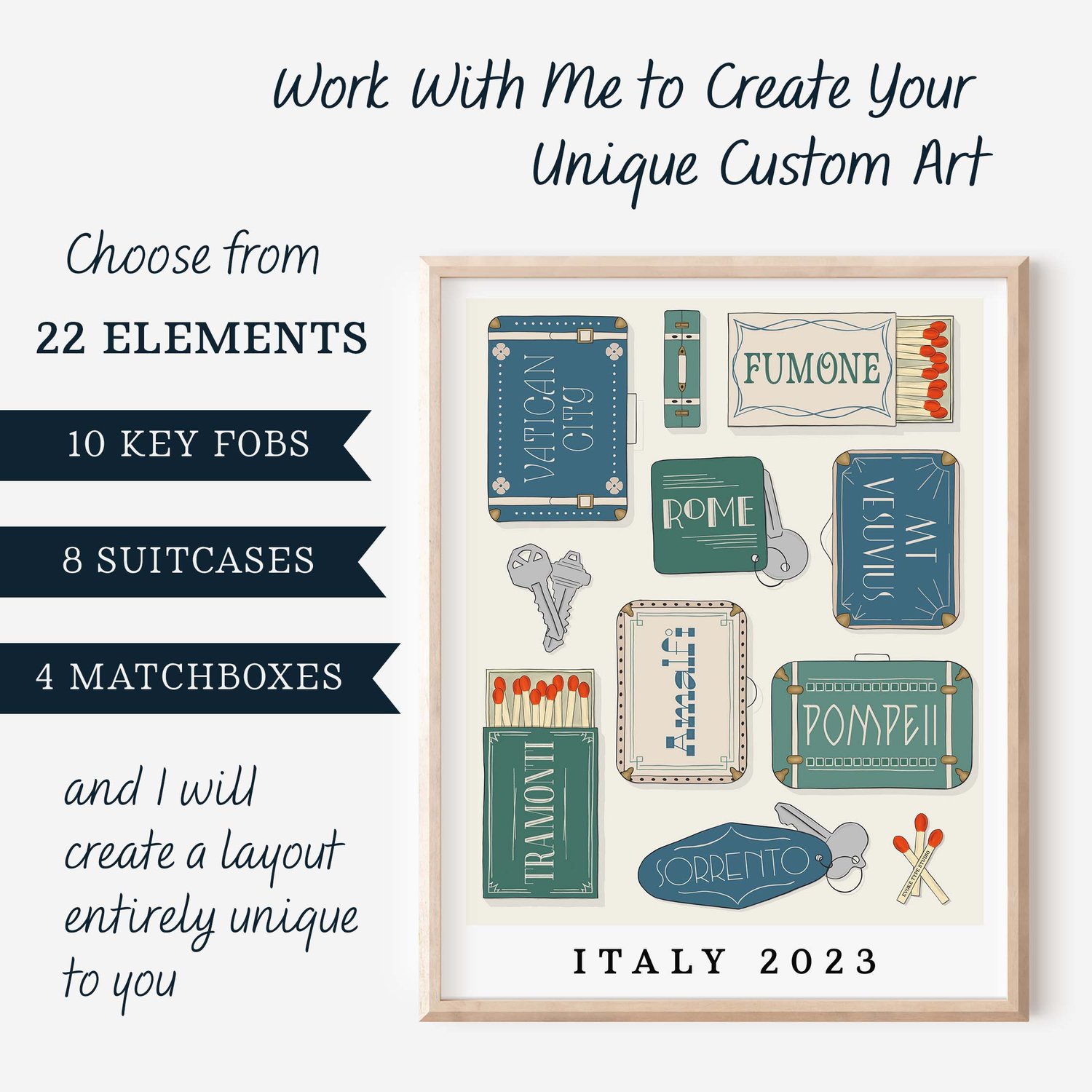 A poster of a custom art featuring matchboxes, suitcases and key fobs. Beside the image is text that says "Choose from 22 Elements and I will create a layout entirely unique to you."