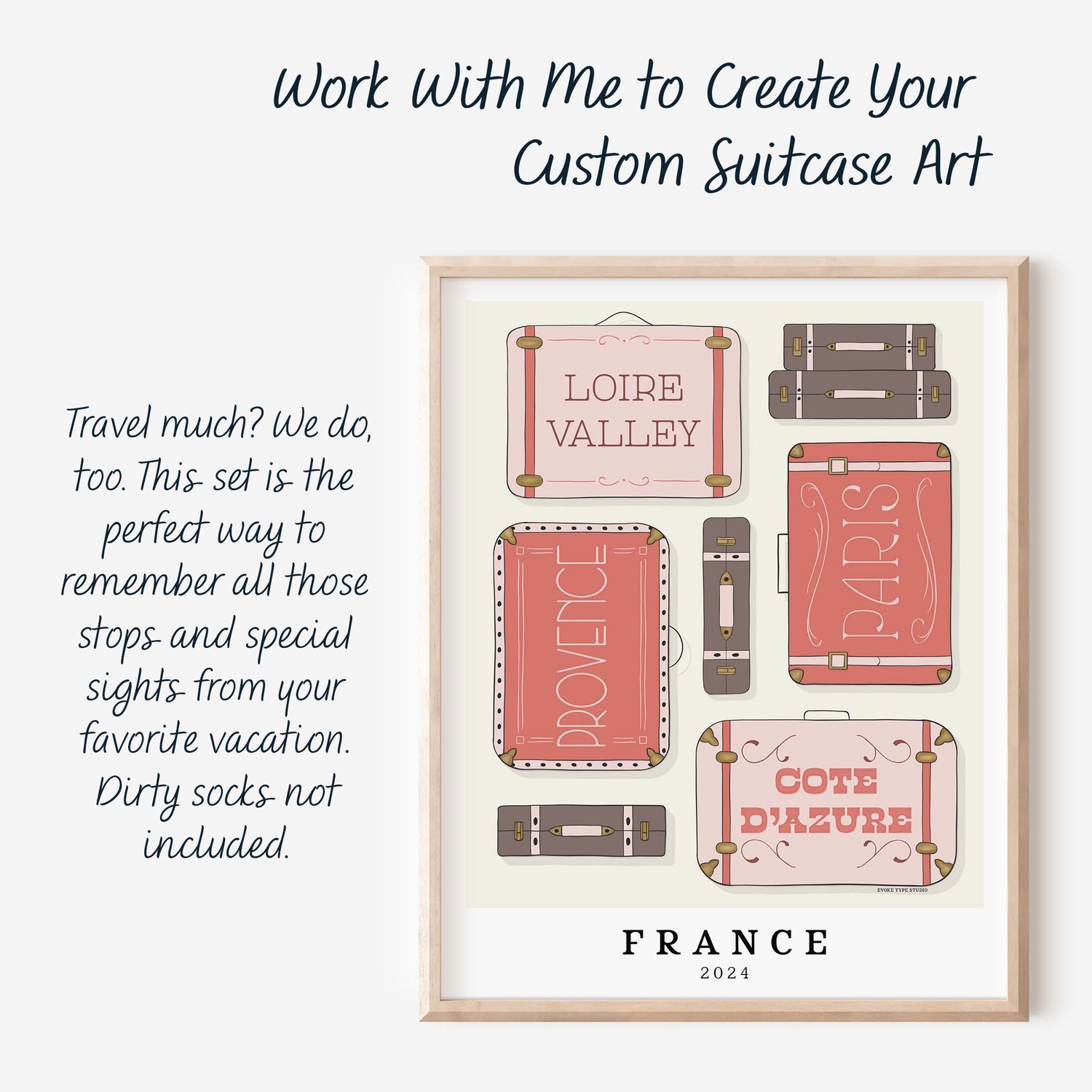 A frame with a picture of suitcases and text that reads: “Travel much? We do, too. This set is the perfect way to remember all those stops and special sights from your favorite vacation. Dirty socks not included.”