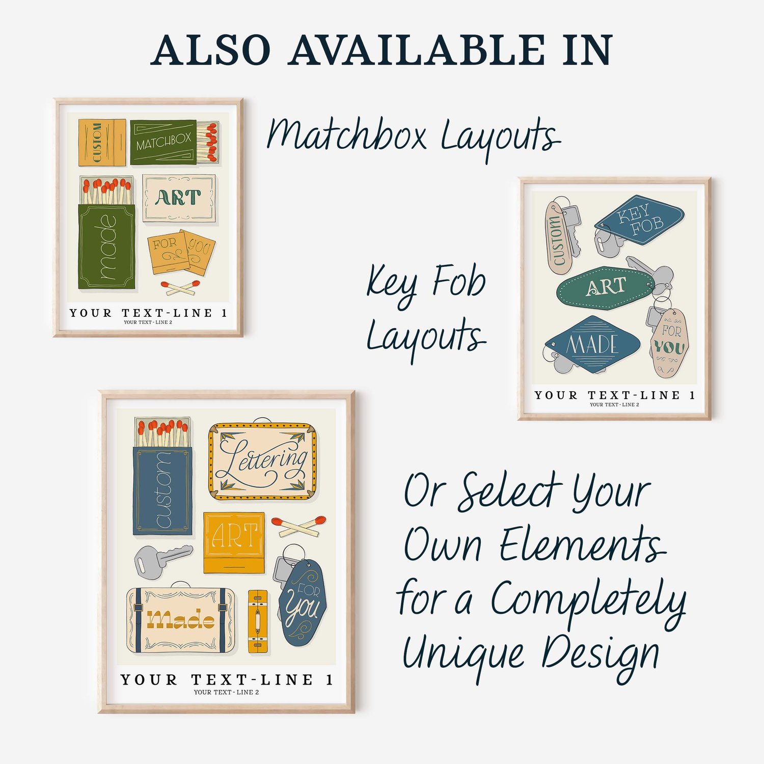 A group of framed art as it relates to different objects: matchboxes, key fobs, or a mix of both of those plus suitcases