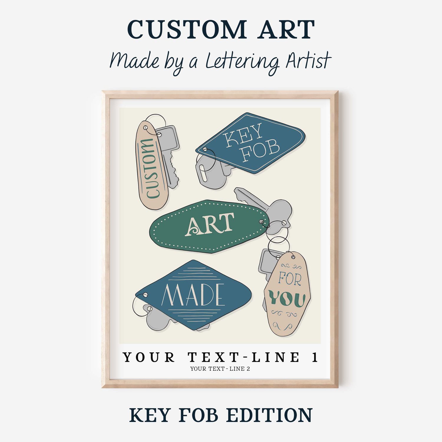 A framed picture of various key fobs with text that reads “Custom Art Made by a Lettering Artist: Key Fob Edition”