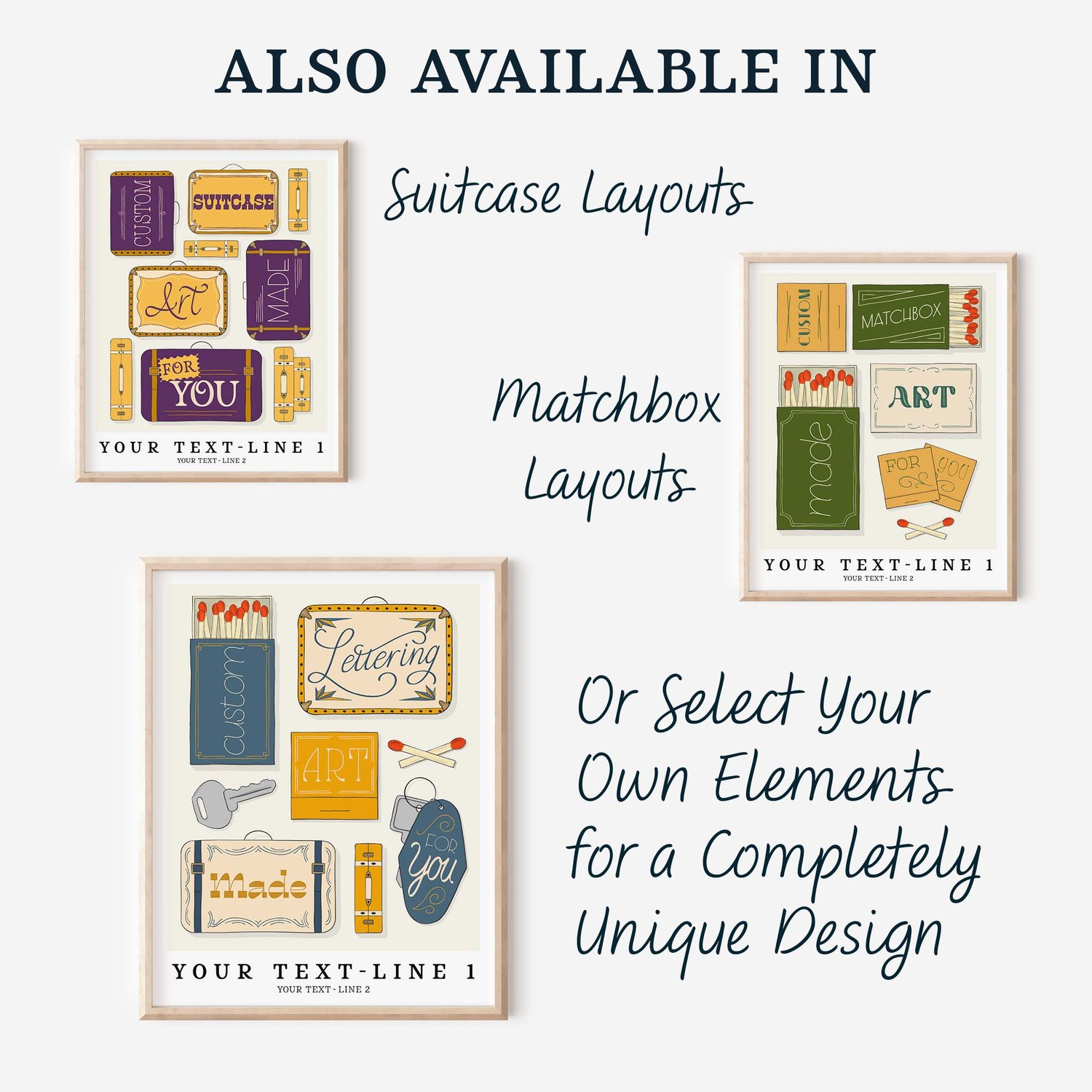 A group of framed art as it relates to different objects: suitcases, matchboxes, or a mix of both of those plus key fobs