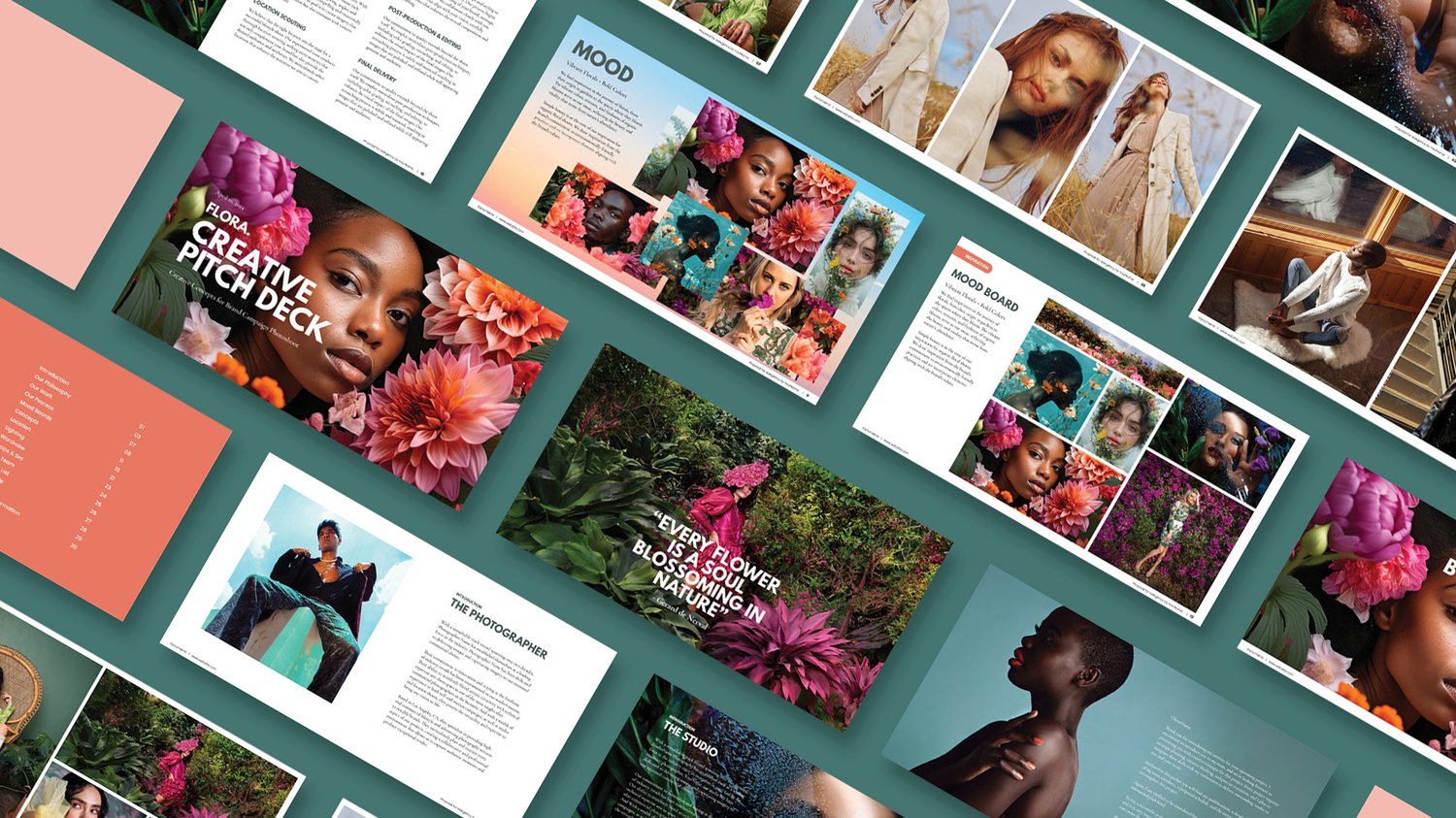 A collage of colorful pitch deck slides or brochure pages laid out on a flat surface, featuring portraits of diverse people, vibrant flowers, and various article layouts with text and images.