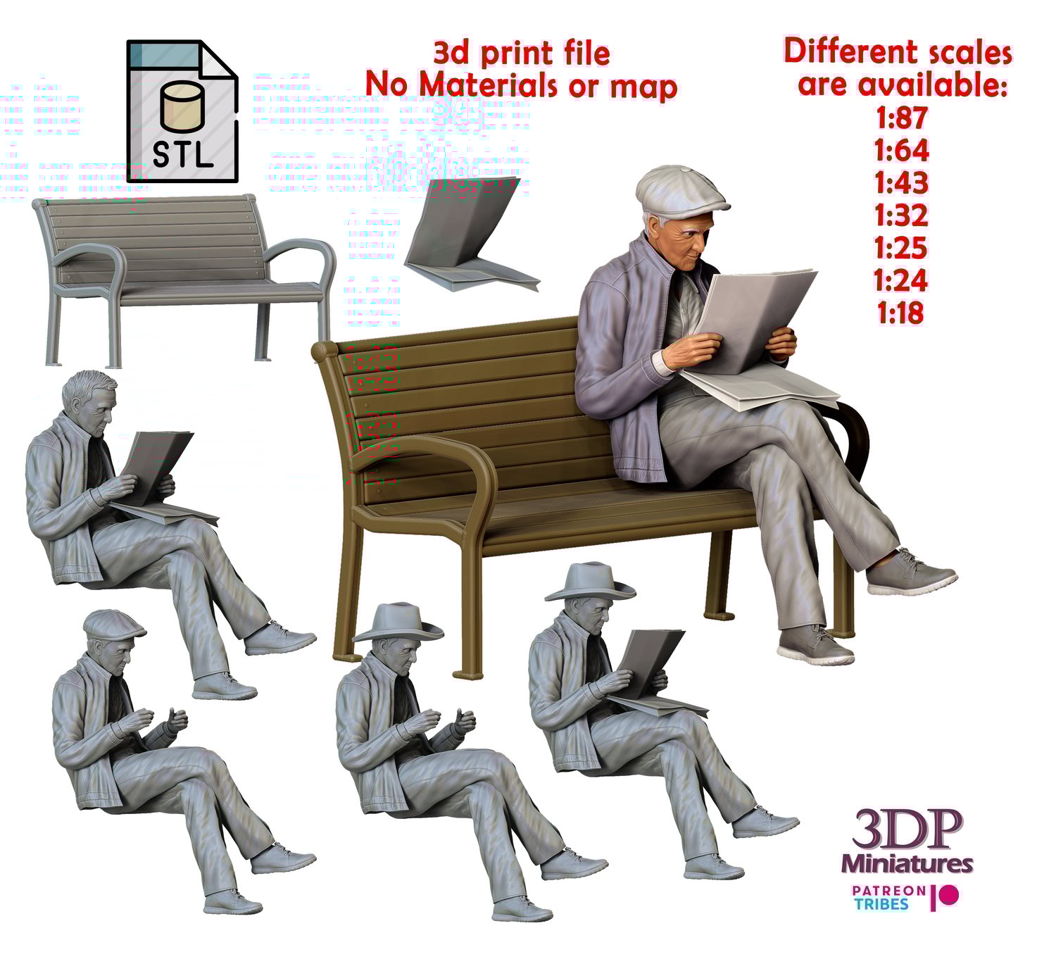 3DP Miniatures, Old man on the bench reading news paper