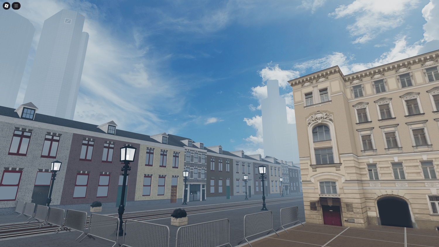 Roblox characters interacting within the bustling streets of the Frankfurt cityscape.