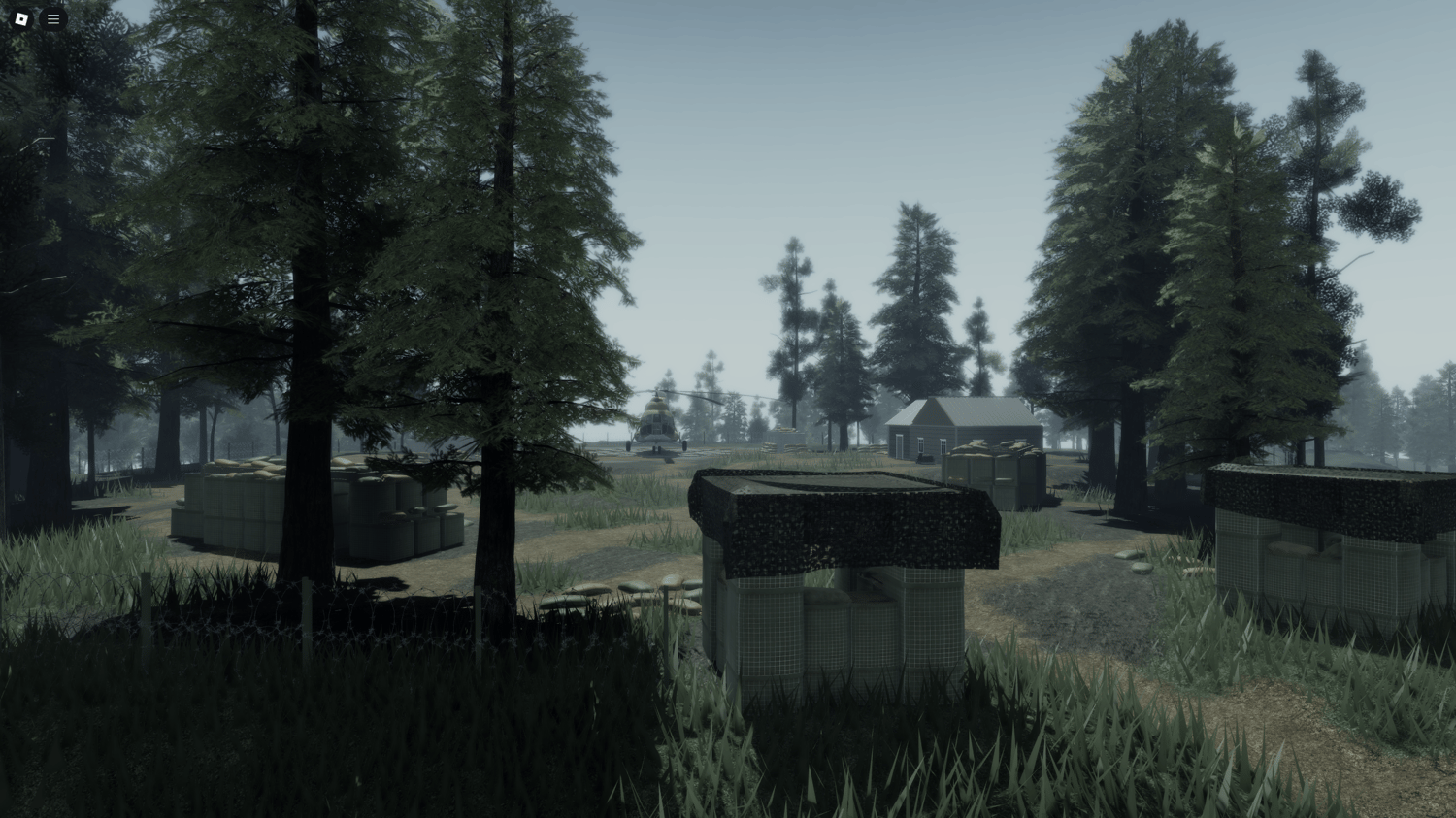 Close-up of a military checkpoint integrated seamlessly into the countryside landscape.