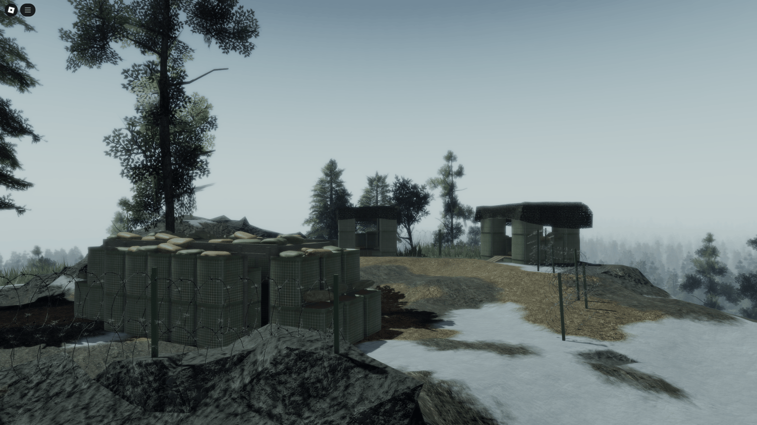Aerial view of the Ukraine Countryside War Map in Roblox, showcasing lush forests and expansive farmlands.