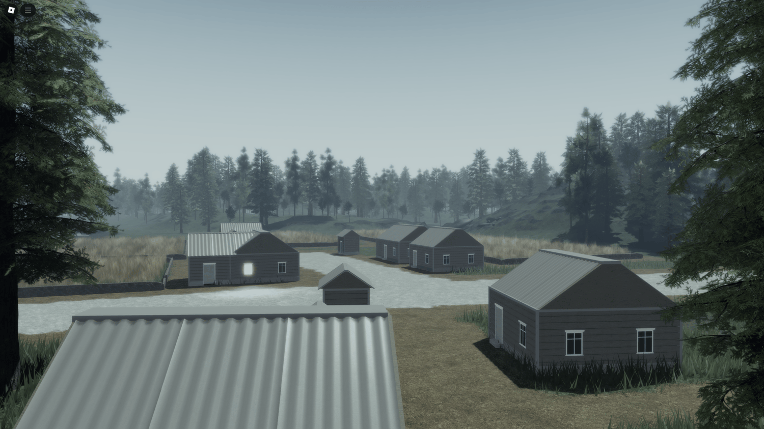 In-game screenshot of a rural Ukrainian road with military vehicles and barricades.