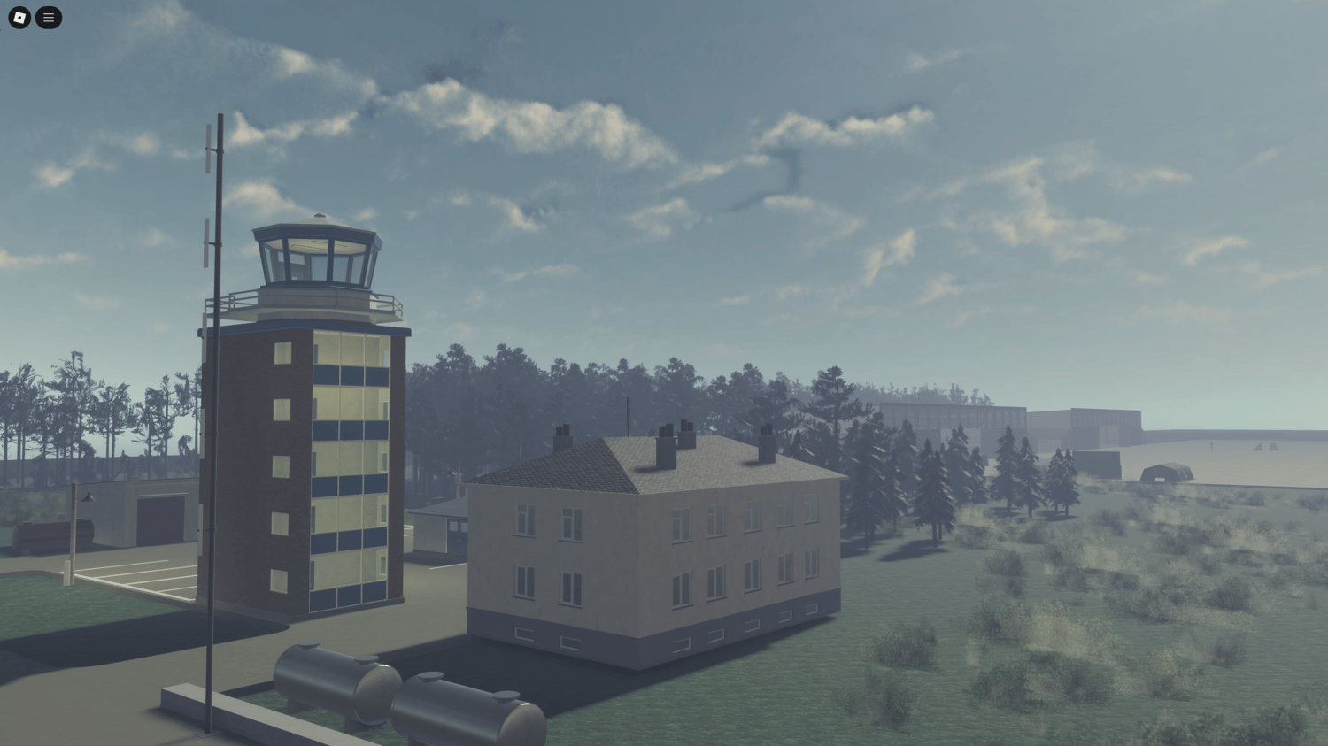 Aerial view of the British Army-Style Airbase in Roblox, showcasing detailed runways and hangars.