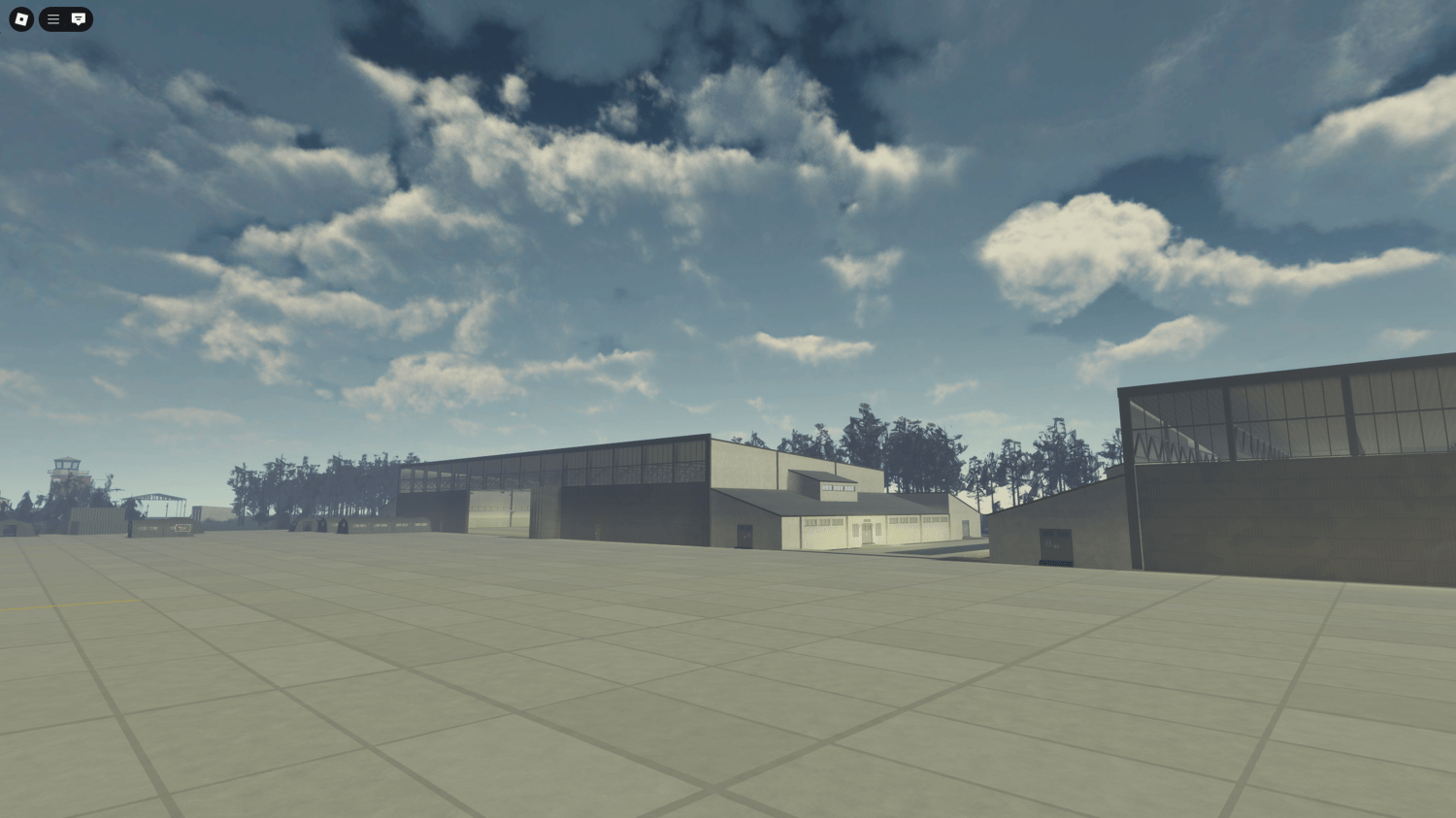 Roblox characters navigating the control tower and adjacent administrative buildings of the airbase.