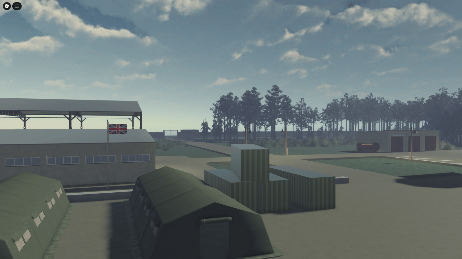 In-game scene depicting maintenance activities in the aircraft hangars of the airbase.