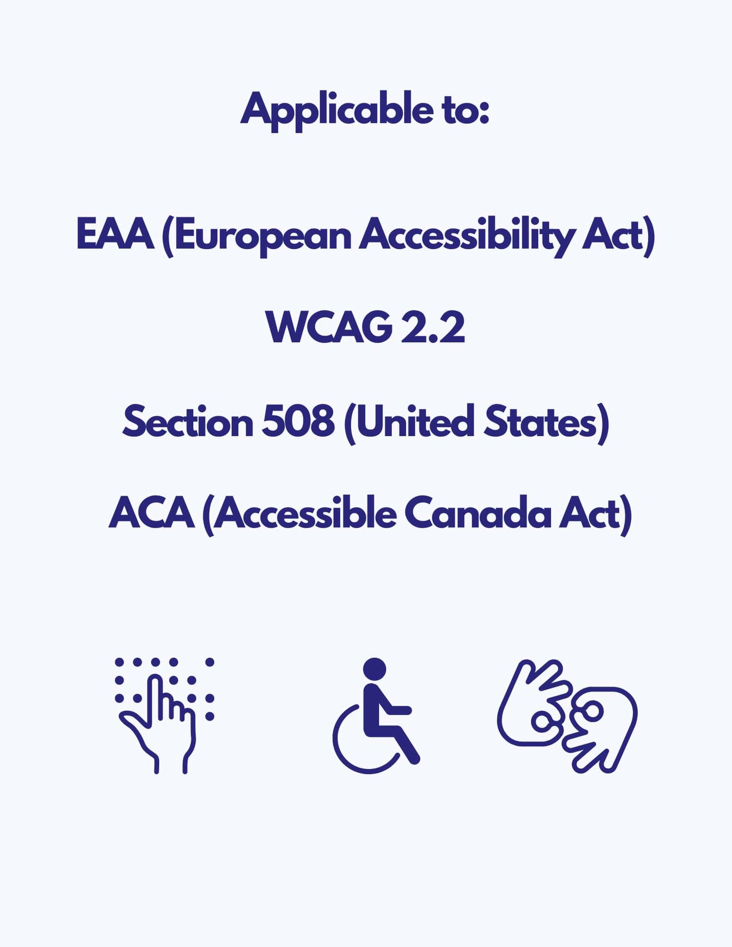 This toolkit applies to the European accessibility act, WCAG 2.2, Section 508, Americans with disabilities act, and the Accessible Canada Act