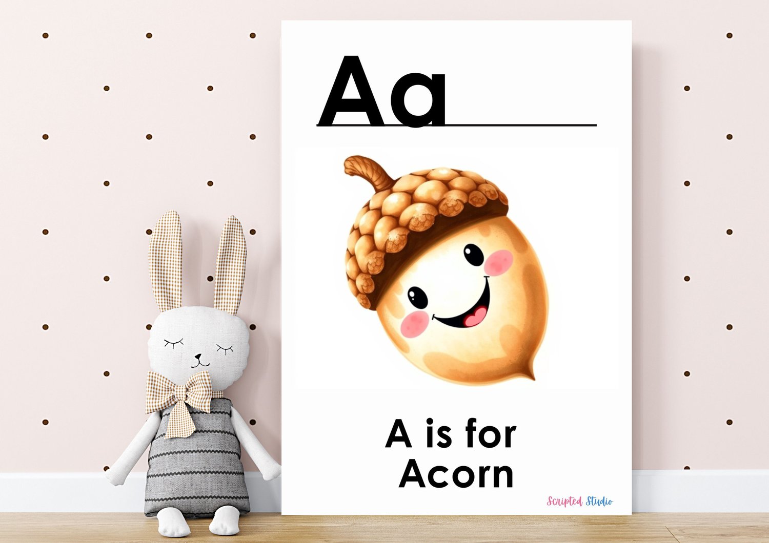 (ABC Watercolor Uppercase, and lowercase 2 flashcards, an acorn) in a nursery setting