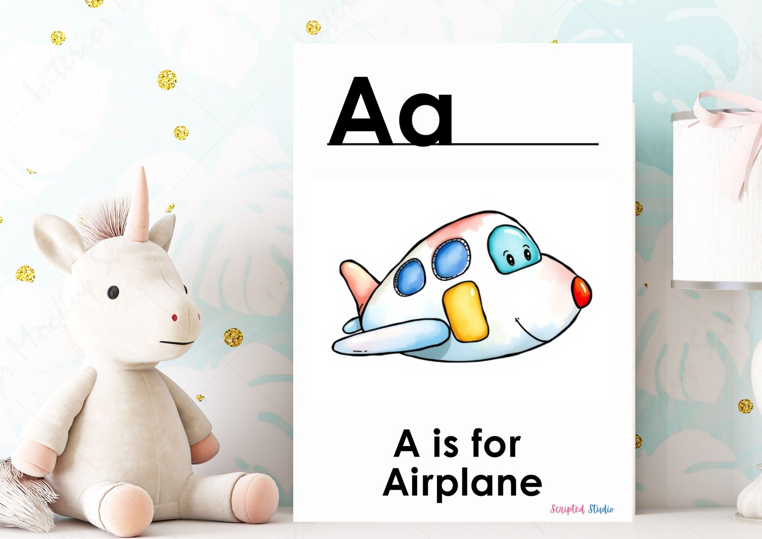(ABC Watercolor Uppercase and lowercase two flashcards A is for an airplane, on a flashcard in a nursery room