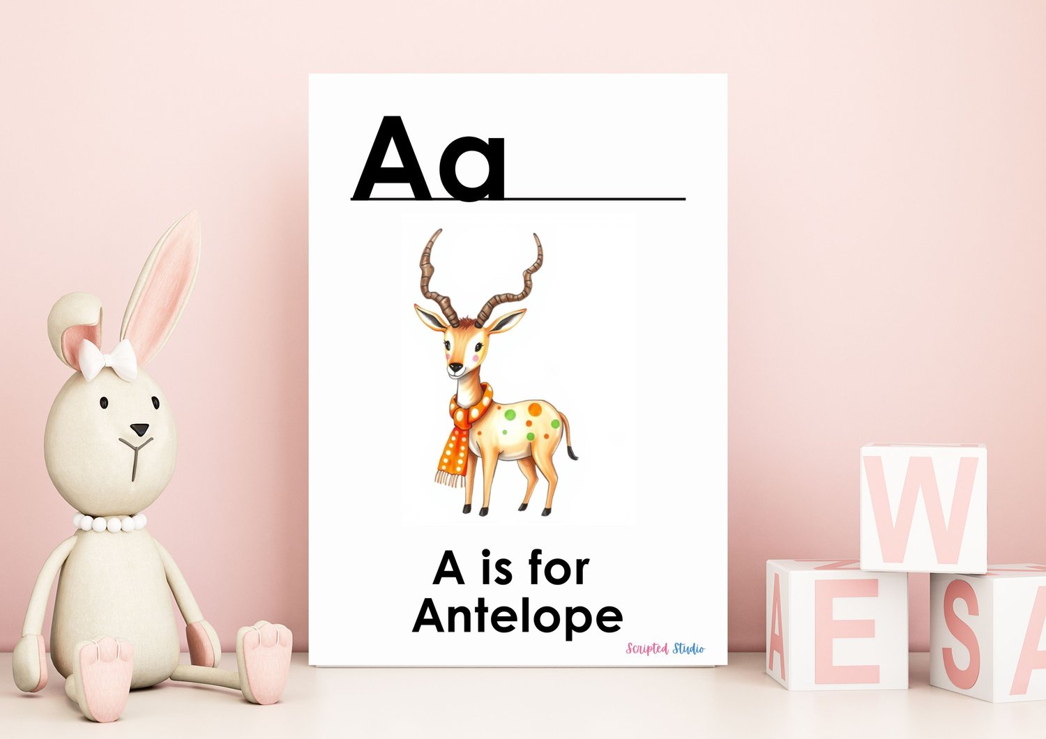 (ABC Watercolor Uppercase and lowercase two flashcards A is for an antelope on a flashcard) in a child nursery