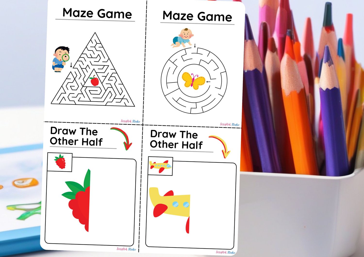 kids-maze-symmetry-activity-sheets. on a flashcard on a desk with pencils in a pot