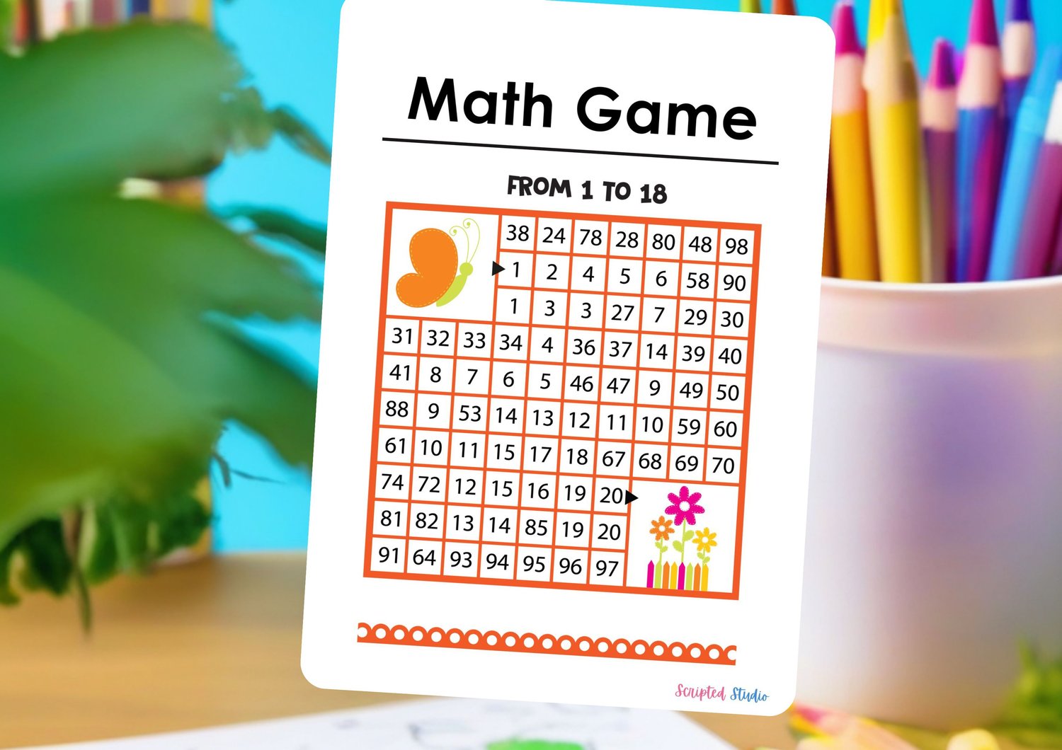 kids-math-maze-numbers-addition-work sheets on a desk with pencils in a pot