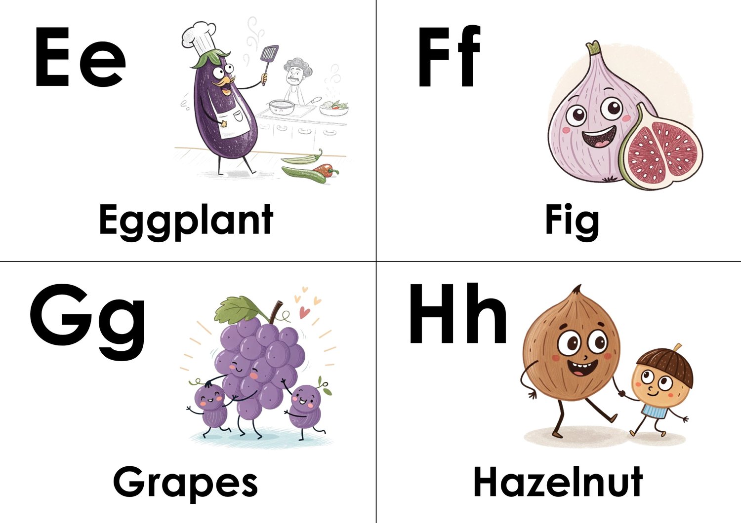 ABC doodle Uppercase and lowercase two flashcards , G is for grapes, H is for a hazelnut, I is for iceberg lettuce, J is for a jake fruit,  K is for a kiwi  with a smiling face, L is for lemon with a sour face)