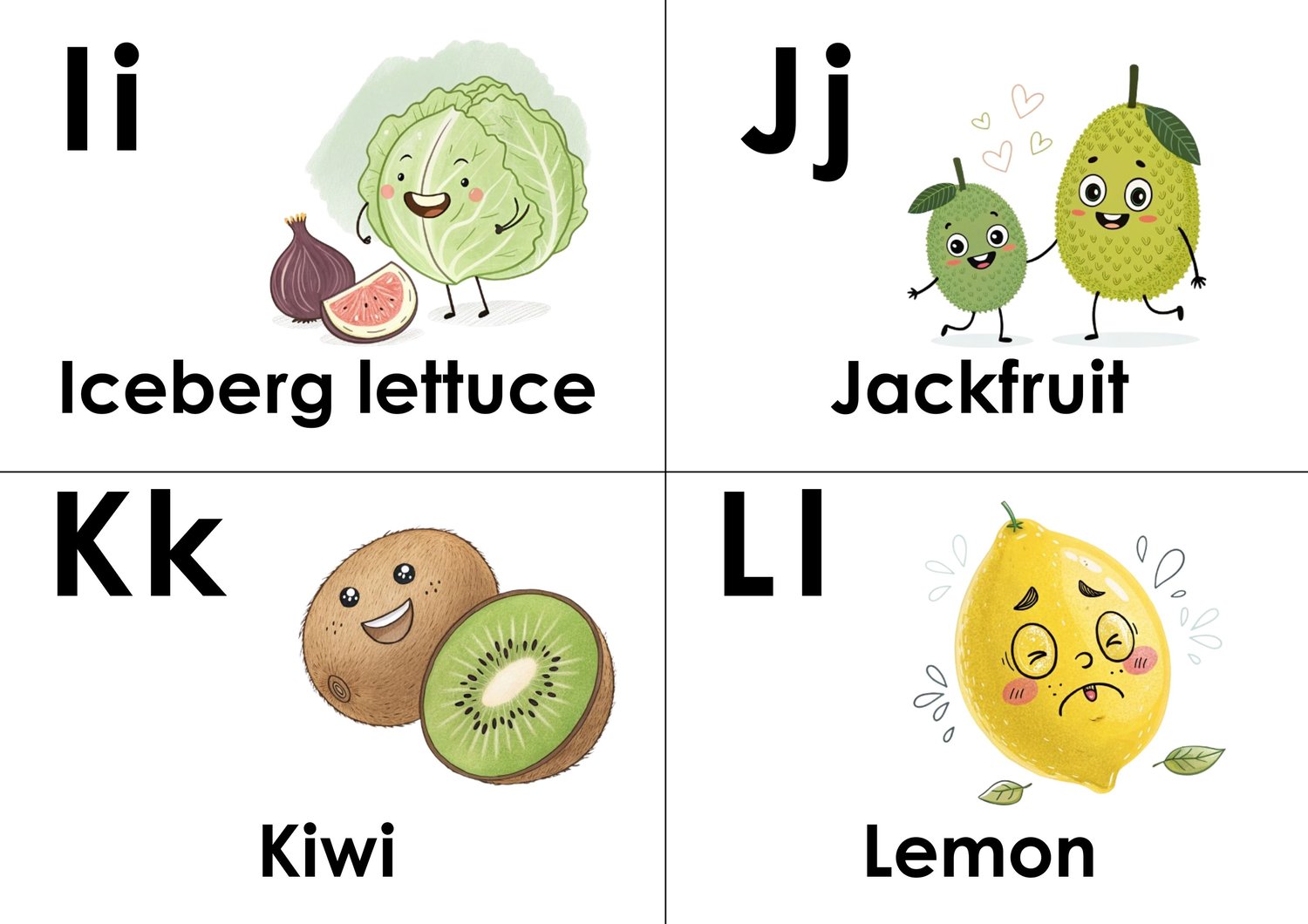 (ABC doodle Uppercase and lowercase six flashcards, M is for mango, N is for nectarine, O is for orange, and P is for Pineapple)Q is for quinoa, R is for radish