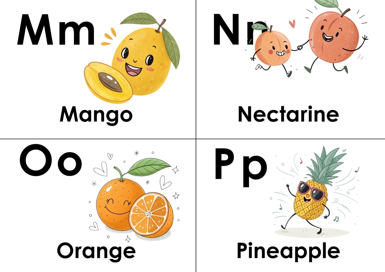 (ABC doodle Uppercase and lowercase six flashcards, M is for mango, N is for nectarine, O is for orange, and P is for Pineapple)Q is for quinoa, R is for radish,