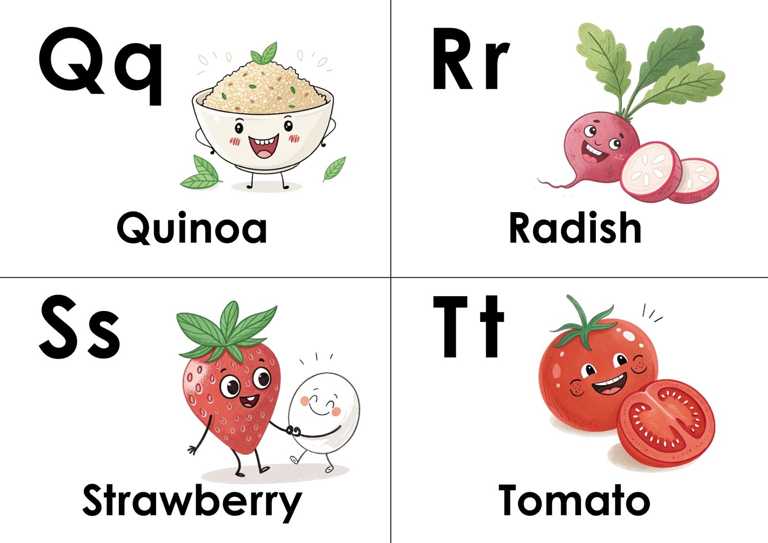 (ABC doodle Uppercase and lowercase six flashcards,  S is for strawberry, T is for tomato, u is for ube, V is for voavanga fruit, W is for watermelon, and X is for ximenia
