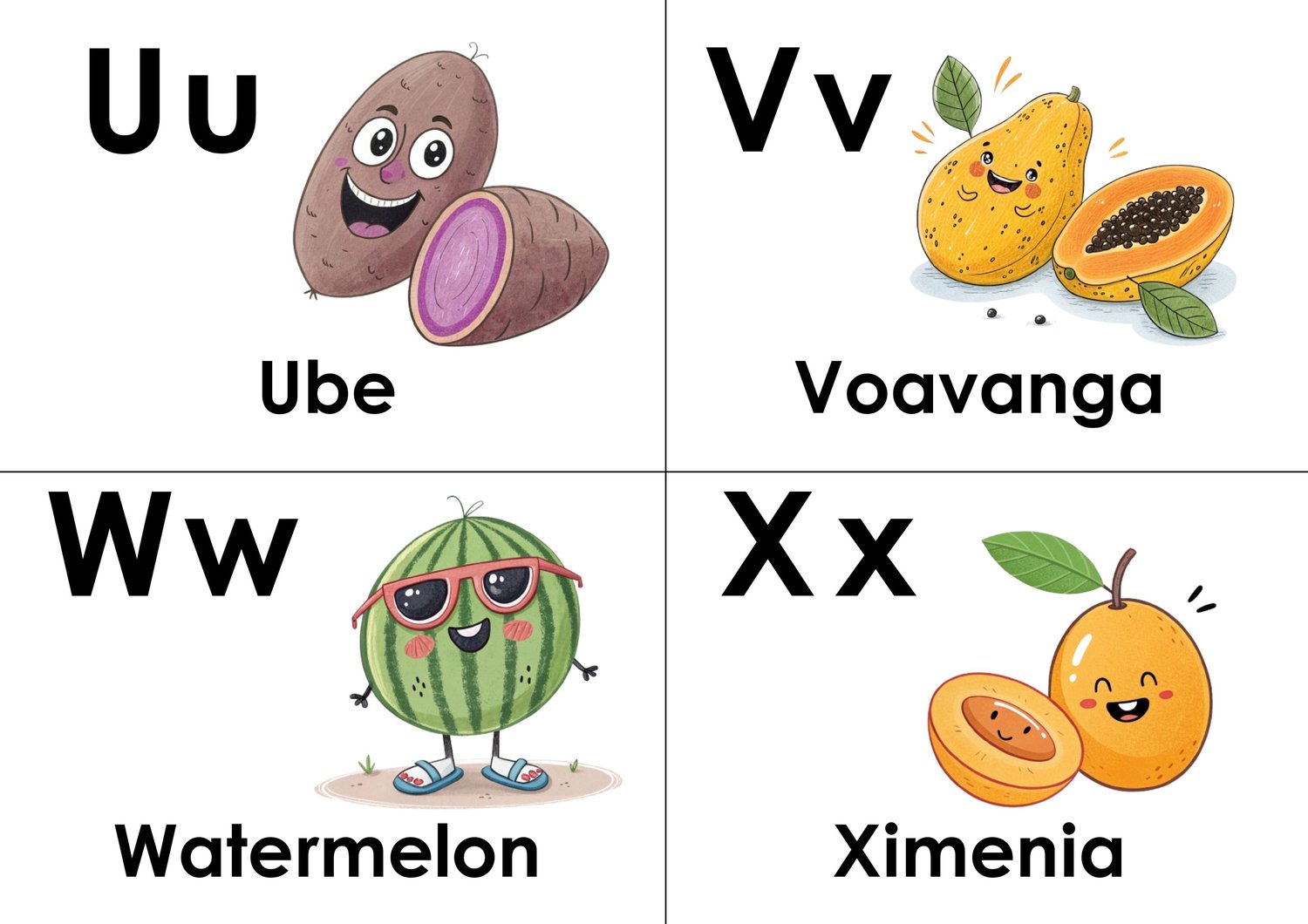 (ABC doodle Uppercase and lowercase six flashcards,  S is for strawberry, T is for tomato, u is for ube, V is for voavanga fruit, W is for watermelon, and X is for ximenia)
