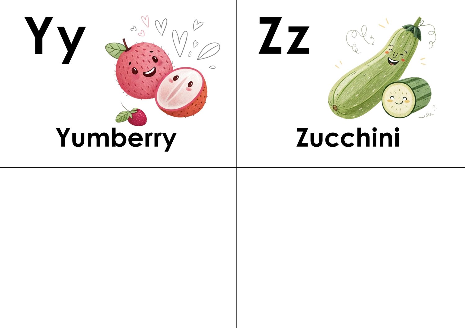 (ABC doodle Uppercase and lowercase six flashcards, Y is for yumberry, Z is for zucchin