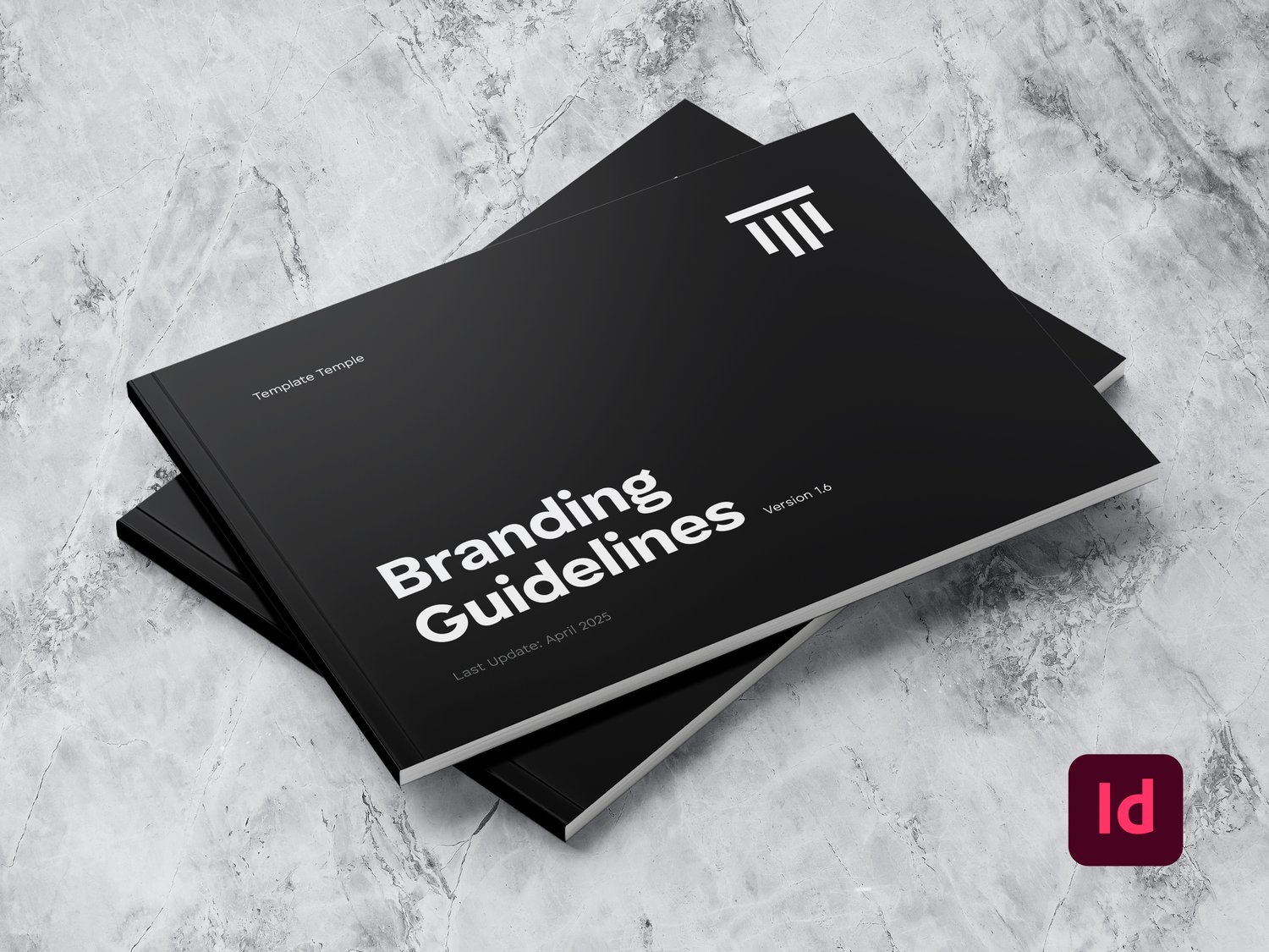 This mockup of a landscape brand guidelines template shows two stacked cover pages of the template with white text and a logo on black background. The design is minimalist and clear, like the represented brand „template temple“.